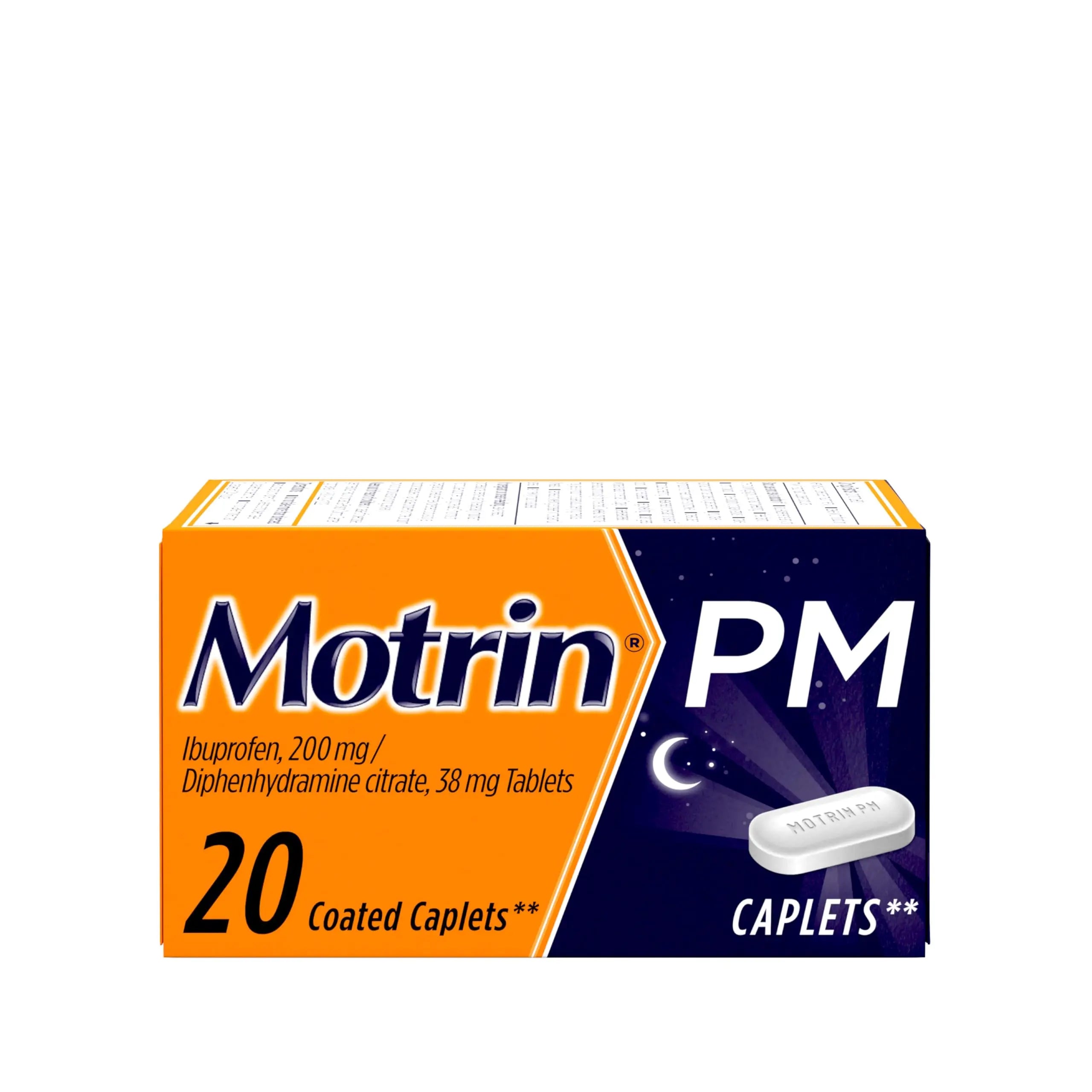 Motrin PM Pain Relief Caplets with 200 mg Ibuprofen & 38 mg Diphenhydramine Sleep Aid, Nighttime Pain Reliever for Minor Aches & Pains Helps You Fall Asleep & Stay Asleep, 20 ct Motrin Au supplements