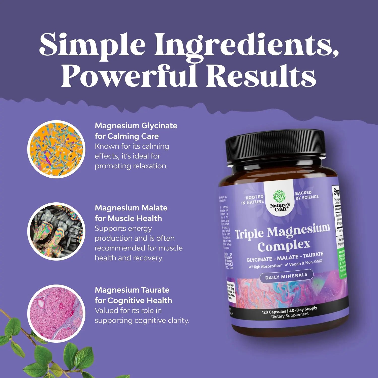 Triple Magnesium Complex Supplement - High Absorption Magnesium Glycinate, Malate & Taurate Blend for Muscles, Energy Support & Heart Health - Triple Mg Complex 400 mg Capsules - 120 Count Natures Craft Au supplements