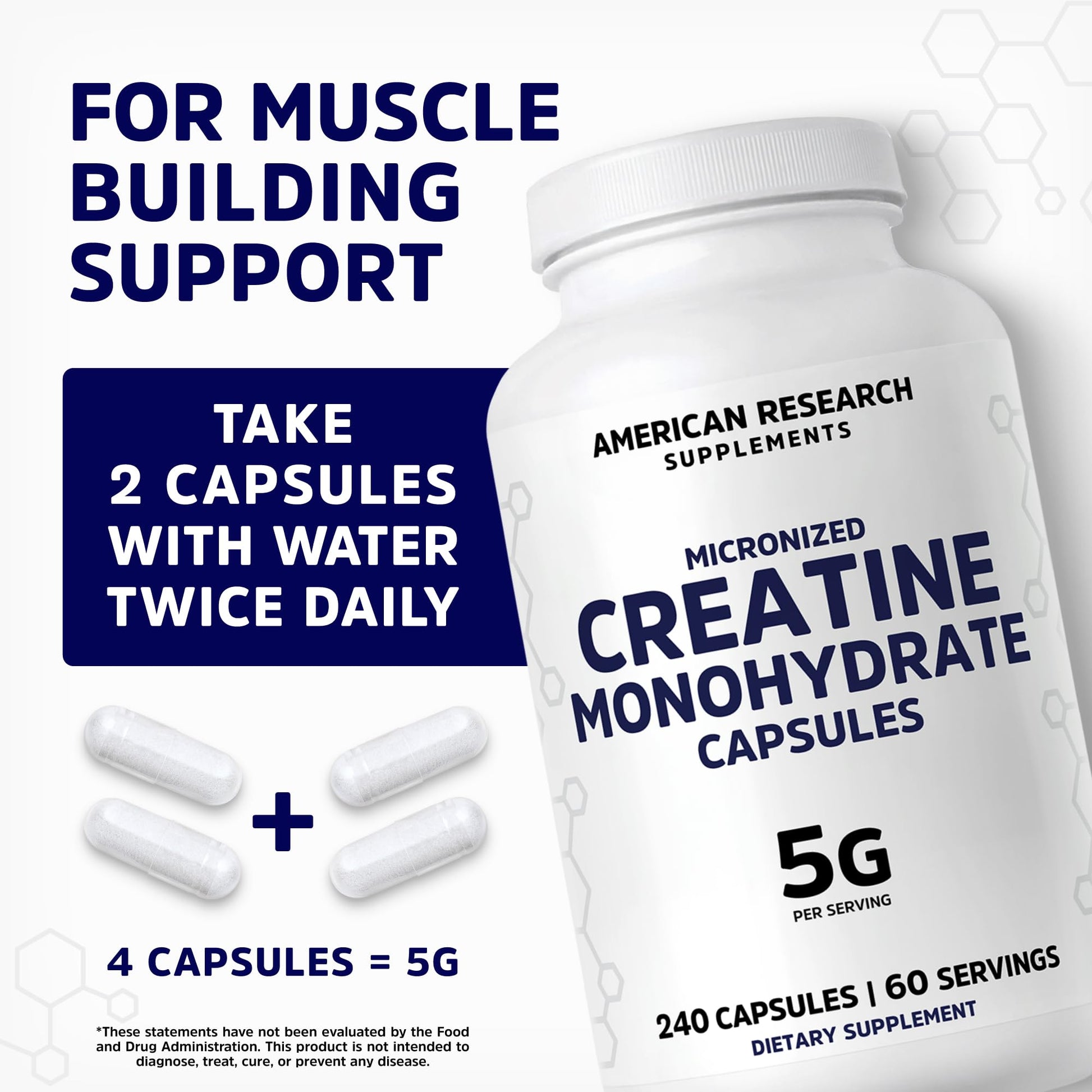 Creatine Monohydrate Capsules 5G | 60 Servings | Vegan | 4 Caps per Serving | Micronized Creatine Pills 5000mg | 240 Capsules | Creatine Pills For Men & Women | 2 Months Supply | Made Without Fillers American Research Supplements Au supplements