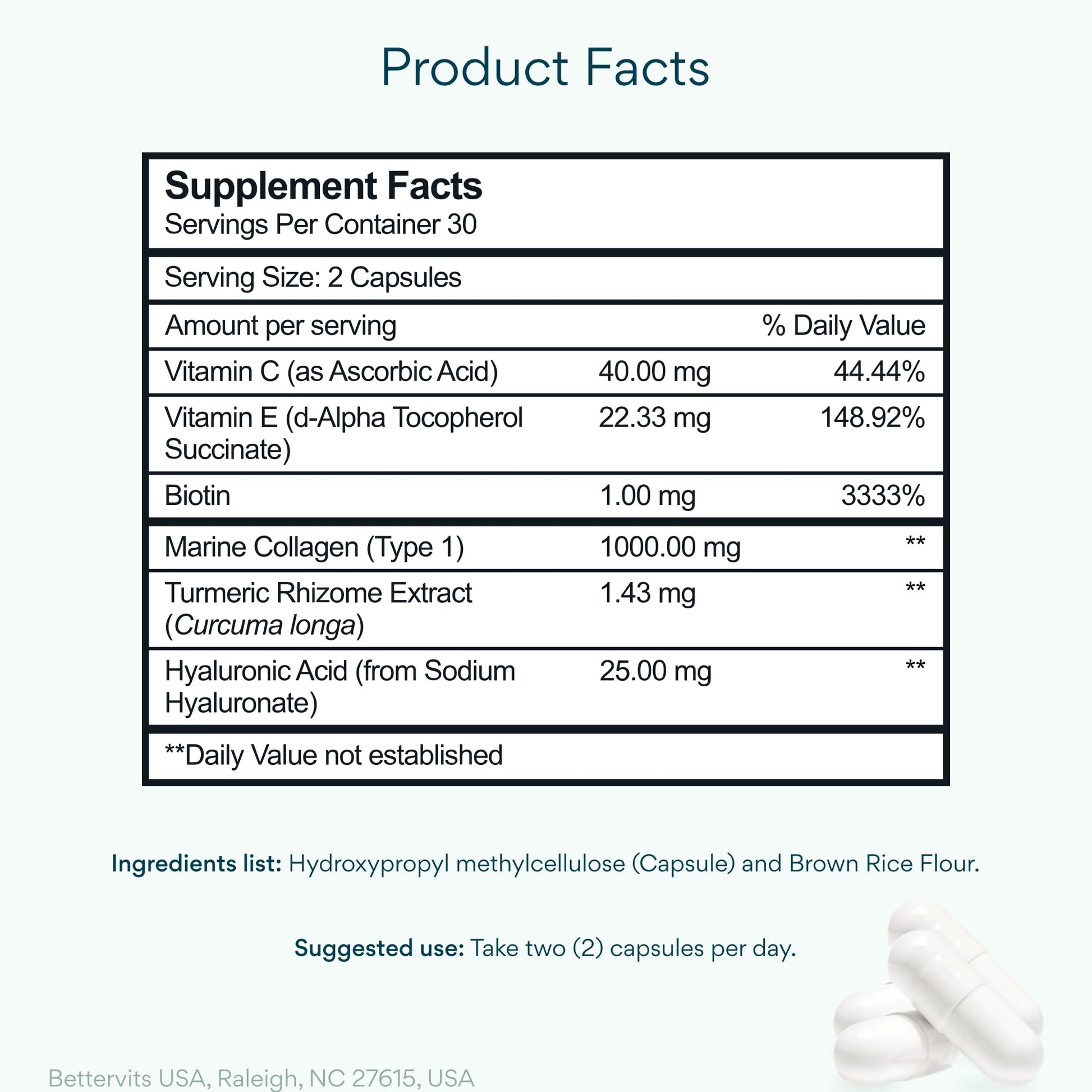 Bettervits Collagen Peptides Complex with Hyaluronic Acid & Turmeric | Hydrolyzed Marine Collagen Supplements for Women & Men | Collagen with Vitamin C for Skin, Hair, Nails & Joints – 60 Capsules Bettervits Au supplements