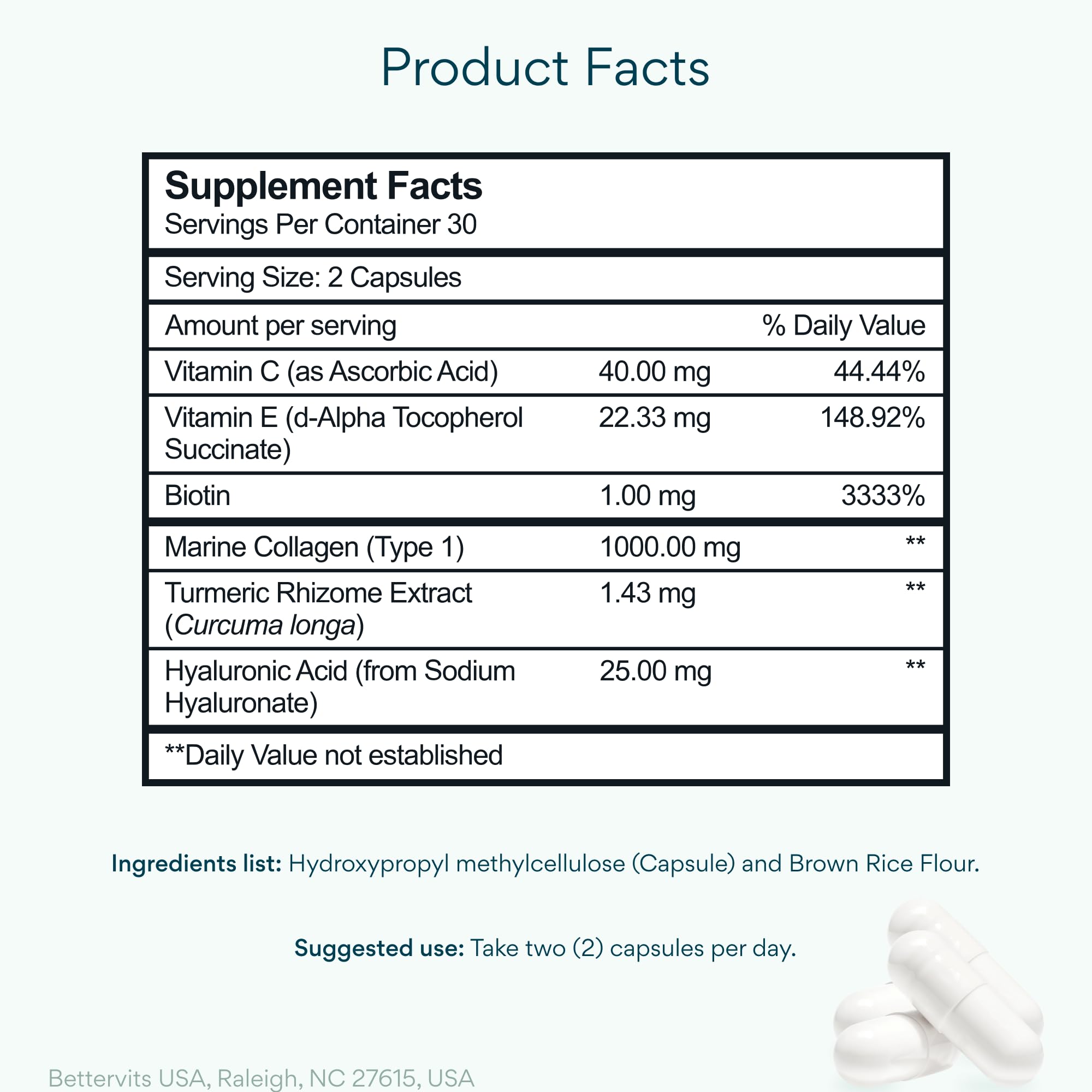 Bettervits Collagen Peptides Complex with Hyaluronic Acid & Turmeric | Hydrolyzed Marine Collagen Supplements for Women & Men | Collagen with Vitamin C for Skin, Hair, Nails & Joints – 60 Capsules Bettervits Au supplements