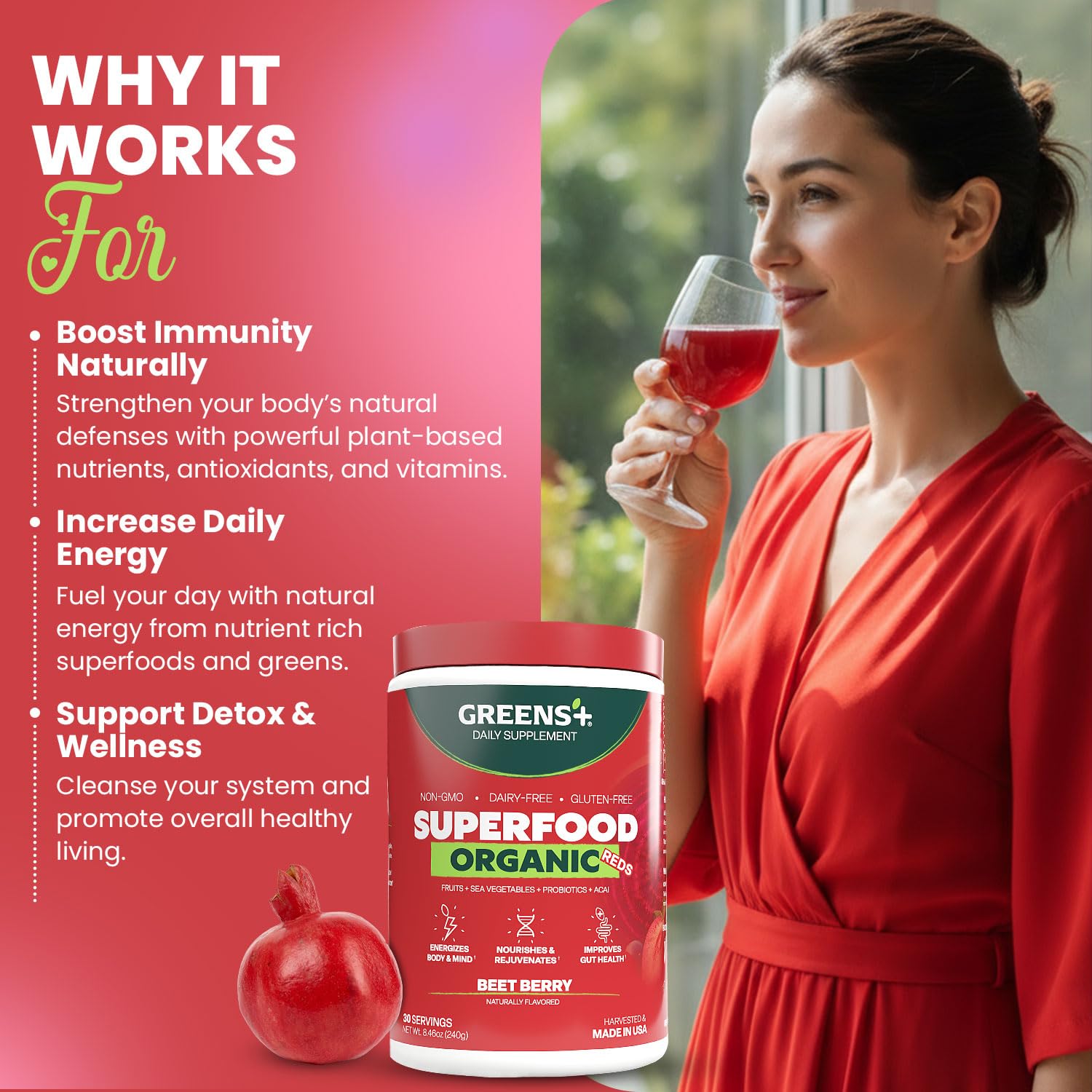 Greens+ Organic Reds Superfood Powder, Antioxidant, Polyphenol, Blend for Morning Kick, Energy, Vitality Boost, Nutrition, Vibrant Health, Vegan Soy/Dairy/Gluten Free(8.46oz) Greens+ Au supplements