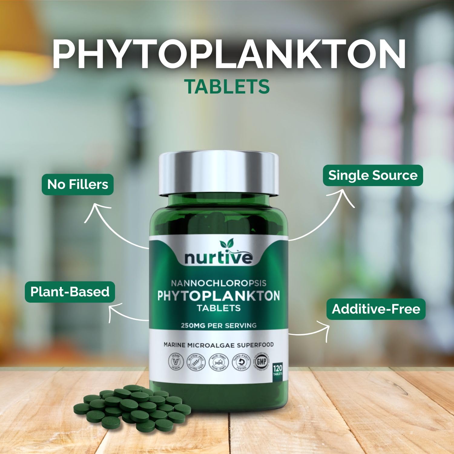 NURTIVE Nannochloropsis Phytoplankton Tablets – 250mg per Serving – Vegan, Gluten-Free, Non-GMO, No Fillers – Third-Party Tested, GMP Certified – 2 Tablets/Day for 2 Month, 120 Tablets/Bottle NURTIVE Au supplements