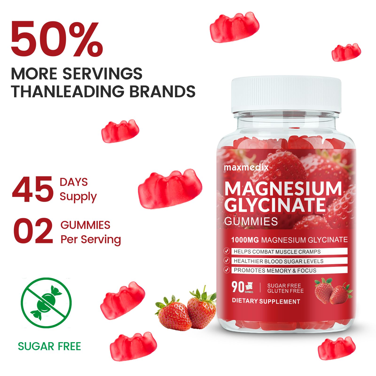 Magnesium Glycinate Gummies 1000mg, Sugar Free Magnesium Potassium Supplements Chewable for Adults with L-Threonate for Sleep, Body Support and Relaxation,90 Strawberry Gummies maxmedix Au supplements
