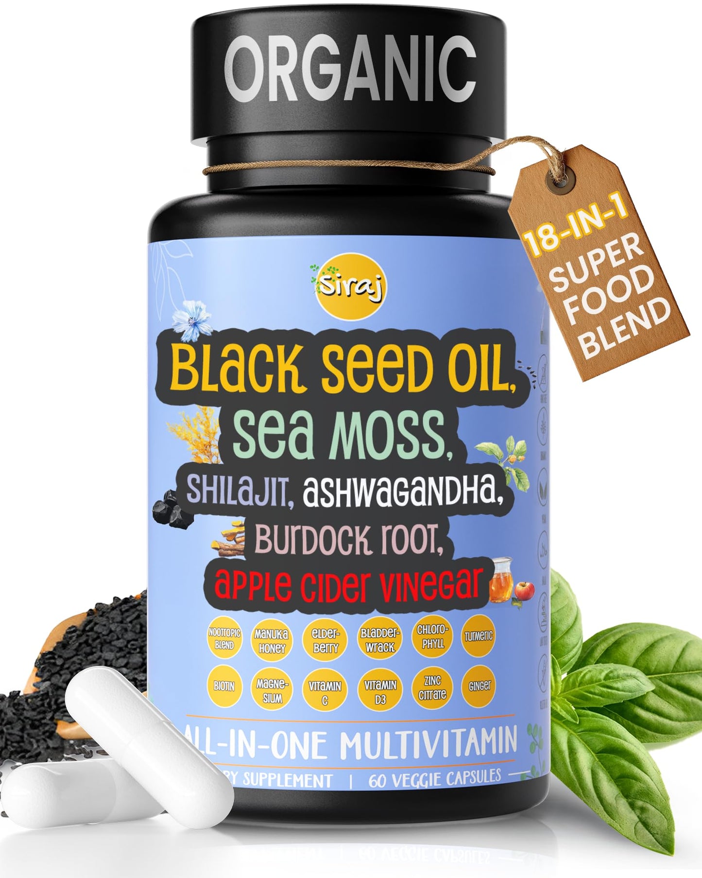 Siraj 18-in-1 Superfood Multivitamin - Irish Sea Moss, Black Seed Oil, Shilajit, Ashwagandha, 5% Thymoquinone, Burdock Root, Nootropic Supplement for Immunity, Focus, Energy and Mood - 60 Capsules SirajAu supplements