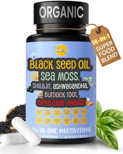 Siraj 18-in-1 Superfood Multivitamin - Irish Sea Moss, Black Seed Oil, Shilajit, Ashwagandha, 5% Thymoquinone, Burdock Root, Nootropic Supplement for Immunity, Focus, Energy and Mood - 60 Capsules SirajAu supplements