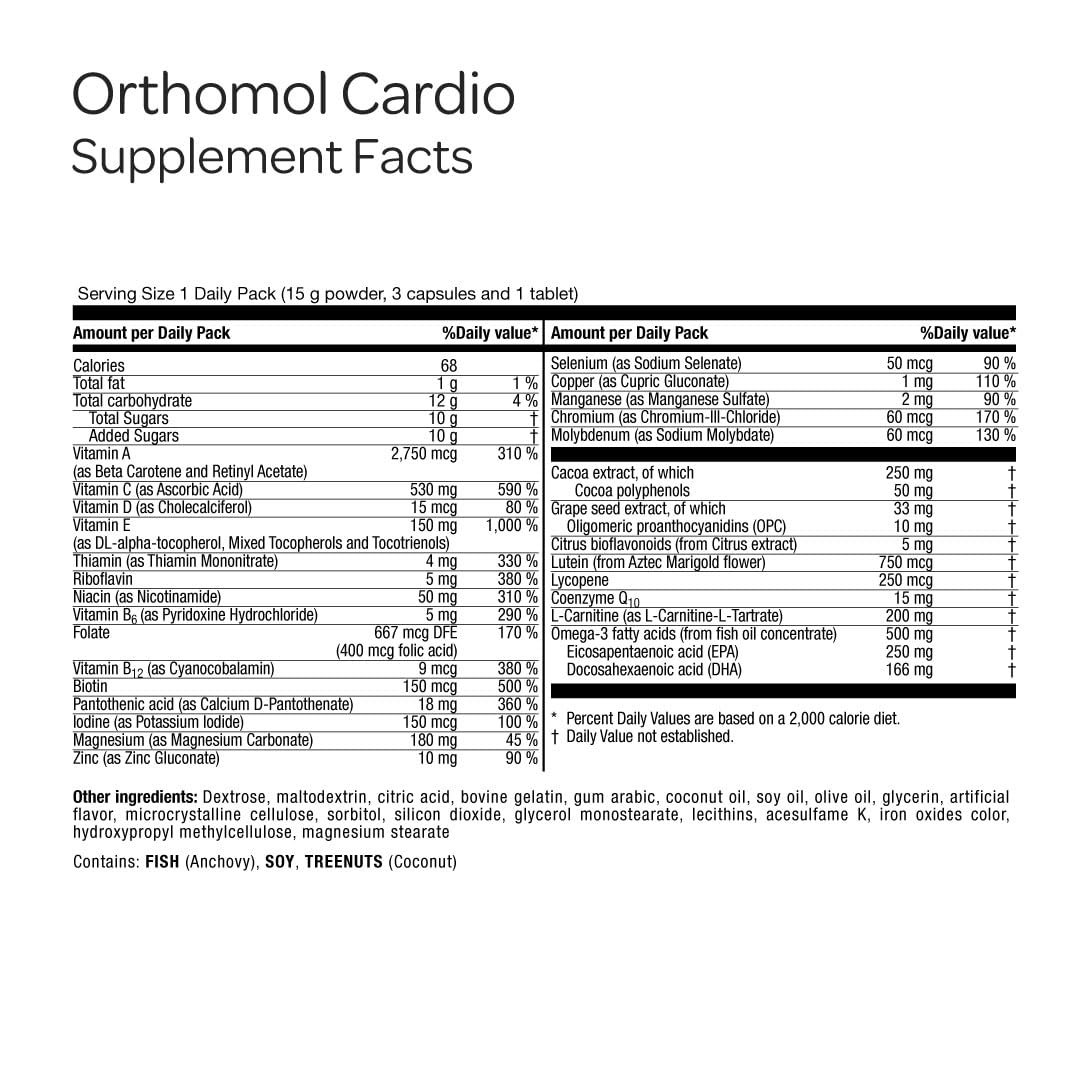 Orthomol Cardio, Heart Health Supplements for Circulation & Vascular Support, Omega-3, Magnesium, Cocoa Polyphenols & B Vitamins, Supports Cardiovascular Health, 30-Day Supply, Powder+Tablets+Capsules Orthomol Au supplements