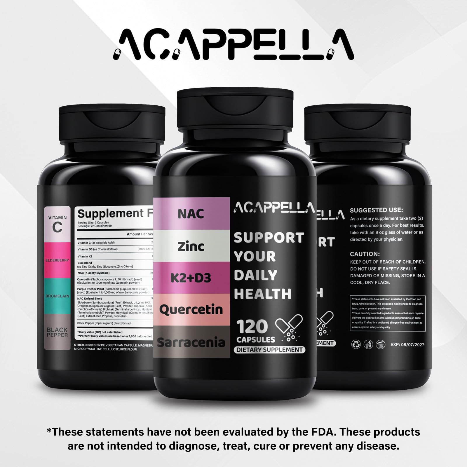 ACAPPELLA N-Acetyl Cysteine Vitamin D3 K2 Zinc Quercetin Sarracenia Purpurea NAC Supplement with Elderberry Holy Basil Bee Propolis Bromelain L-Lysin for Men & Women (1) ACAPPELLA Au supplements