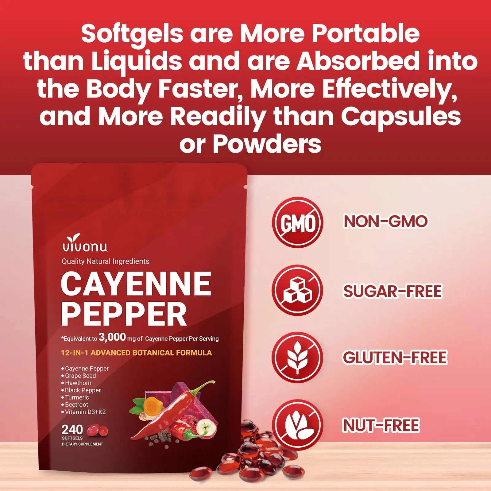 VivoNu Cayenne Pepper Softgels Supplement, Supports Leg Vein, Heart and Blood Vessel Health, with Vitamin E D3+K2 and Extracts of Grape Seed, Hawthorn, Beetroot, Berberine (Softgel / 1 Bag) VivoNu Au supplements