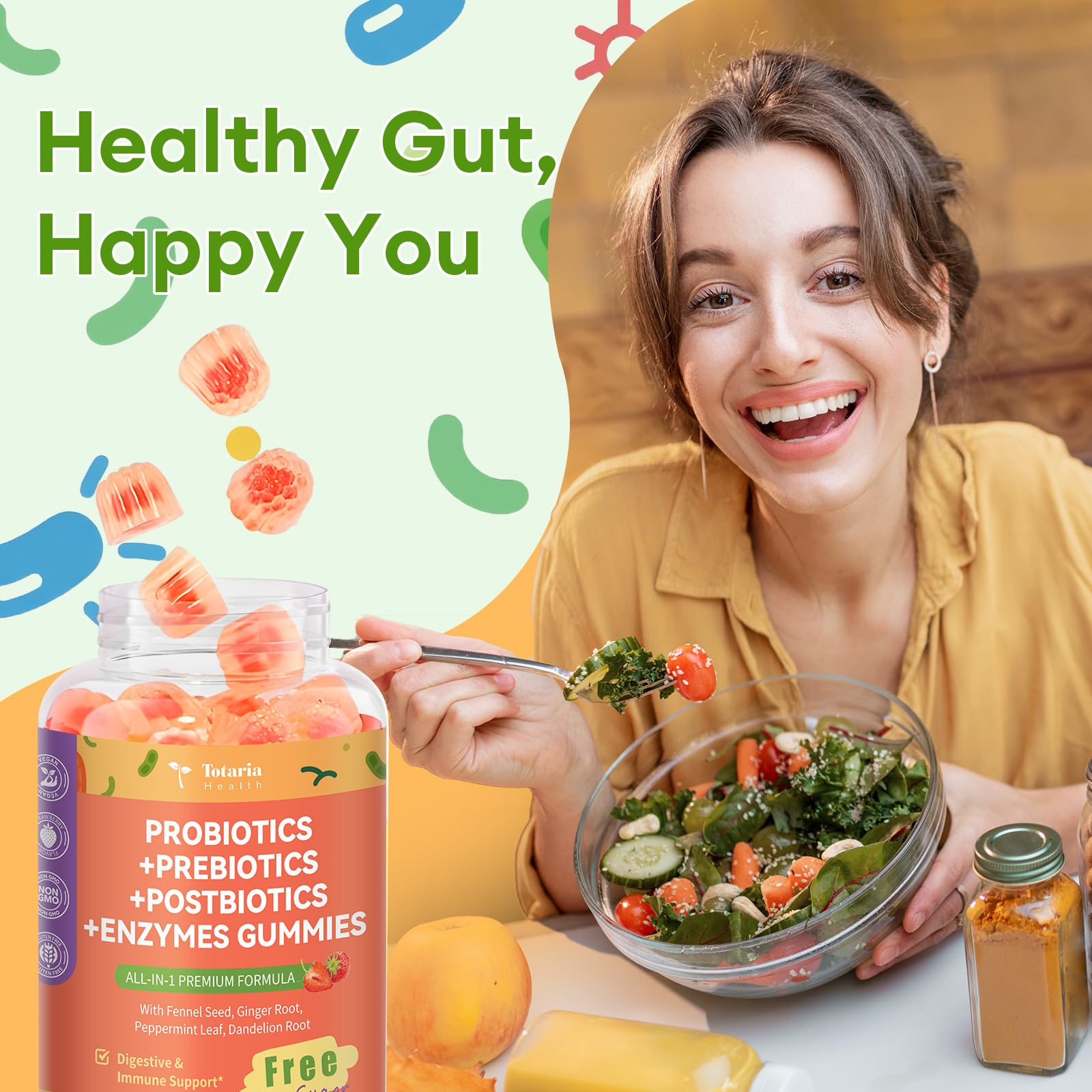 Totaria Sugar Free 5-in-1 Probiotic Prebiotic Postbiotic Gummy, 36 Strains Probiotics for Women Men with Digestive Enzymes, Peppermint, Complete Immune, Gut & Digestive Support, Vegan, 60 Counts Totaria Au supplements
