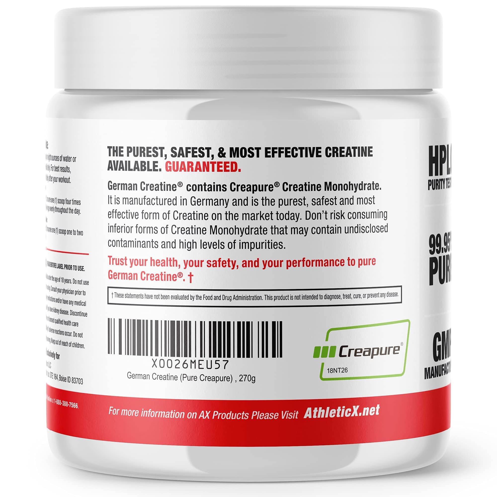 German Creatine - Micronized Creatine Monohydrate Powder, 99.99% Pure Creapure for Muscle Growth, Strength & Performance, Supports Muscle Recovery, 3rd Party Tested, Unflavored - 270g (54 Servings) German Creatine Au supplements