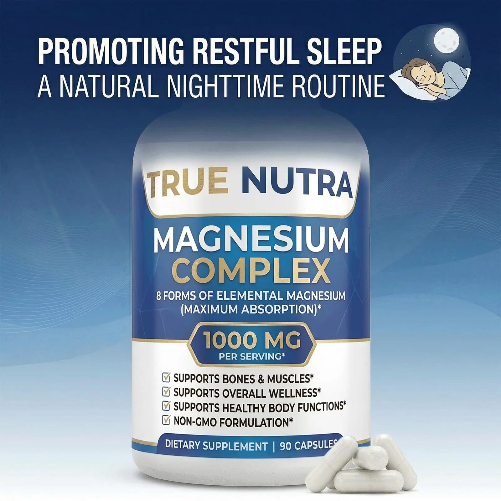 True nutra Magnesium Complex，Advanced 8-in-1 Magnesium Blend，Glycinate, Citrate, Malate, Taurate etc，High Formula，90 Capsules true nutra Au supplements