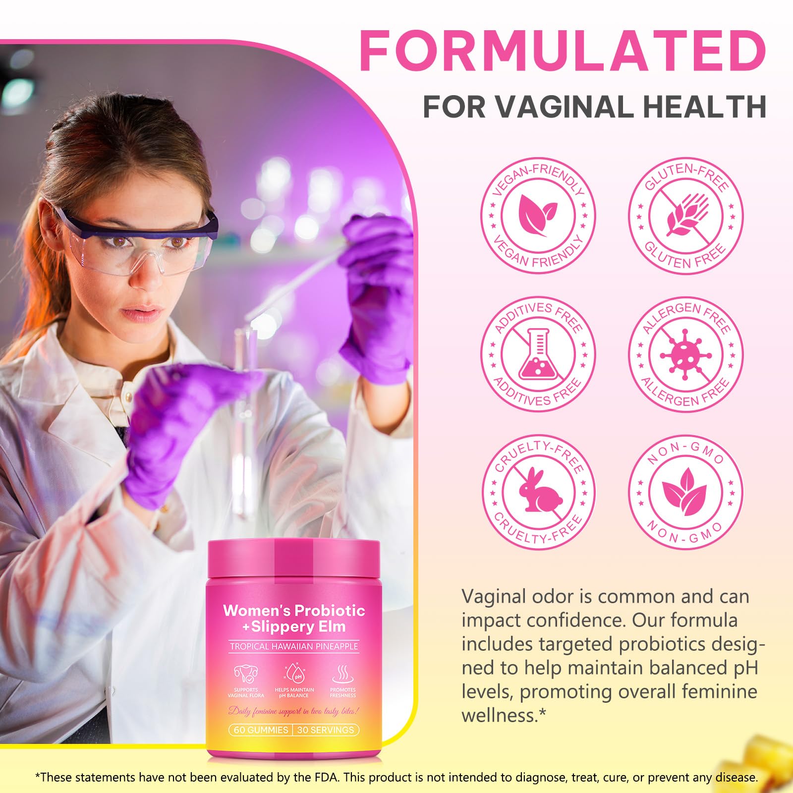 KITNOBLIS Feminine Probiotic Gummies with Slippery Elm- Pineapple Gummies for Women pH Balance, Gut Health & Immune Supports | with Prebiotics & Lactobacillus Blend (60 Gummies) KITNOBLIS Au supplements