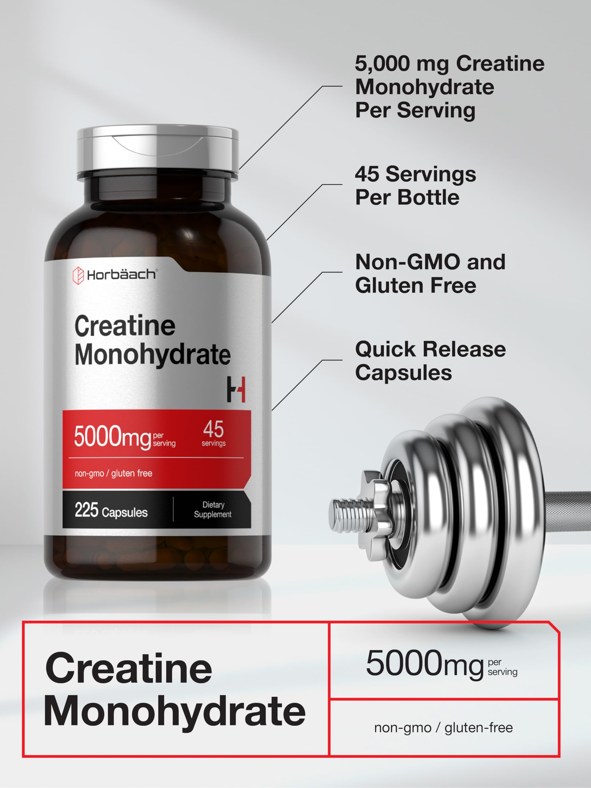 Horbäach Creatine Monohydrate | 5g | 225 Capsules | Non-GMO, Gluten Free Supplement Horbäach Au supplements