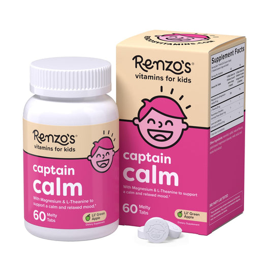 Renzo's Captain Calm Kids Magnesium Supplement with L-Theanine, Dissolvable Kids Vitamins for Relaxation and Mood Support, Sugar-Free Melty Tabs, Renzo'sUS supplements