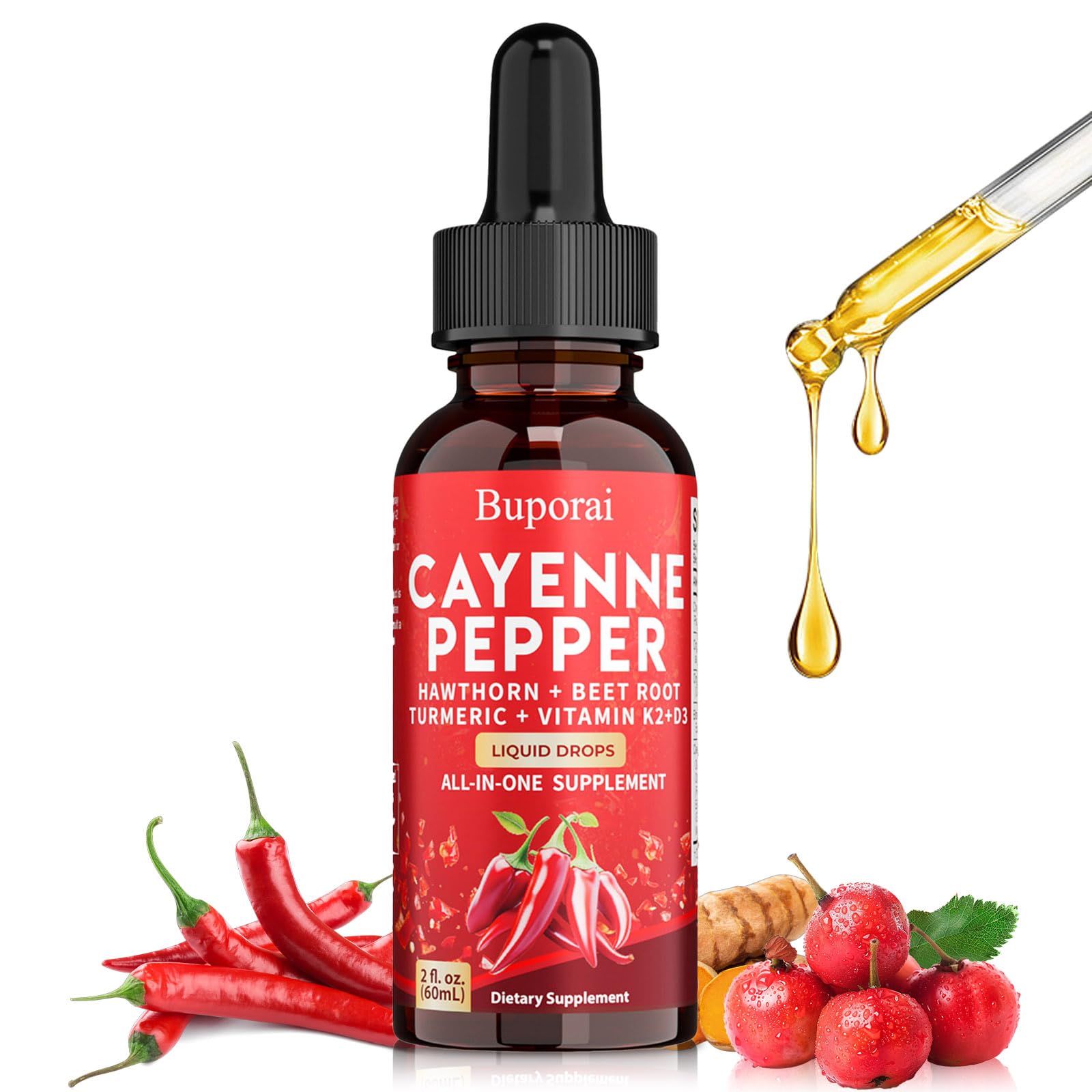 Buporai Cayenne Pepper Drops, Cayenne Pepper Extract Liquid Supplement for Overall Well-Being, 2 fl oz, Vitamin D3 K2 Beet Root Powder Buporai Au supplements