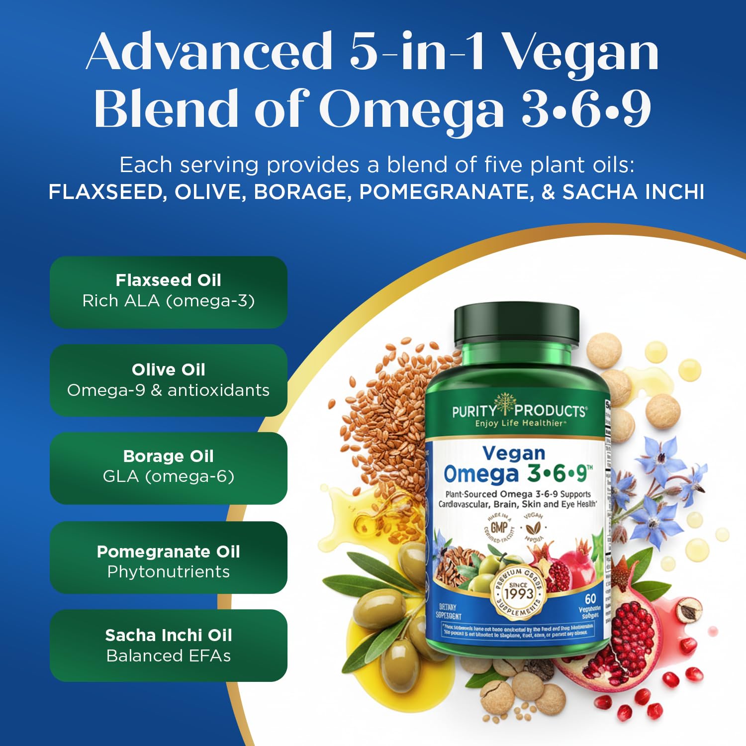 Purity Products Omega 3-6-9 Vegan and Vegetarian Formula - “5 in 1” Essential Fatty Acid Complex - Scientifically Formulated Plant-Based Omega 3 6 9 Essential Fatty Acids (EFA) - from (60) Purity Products Au supplements