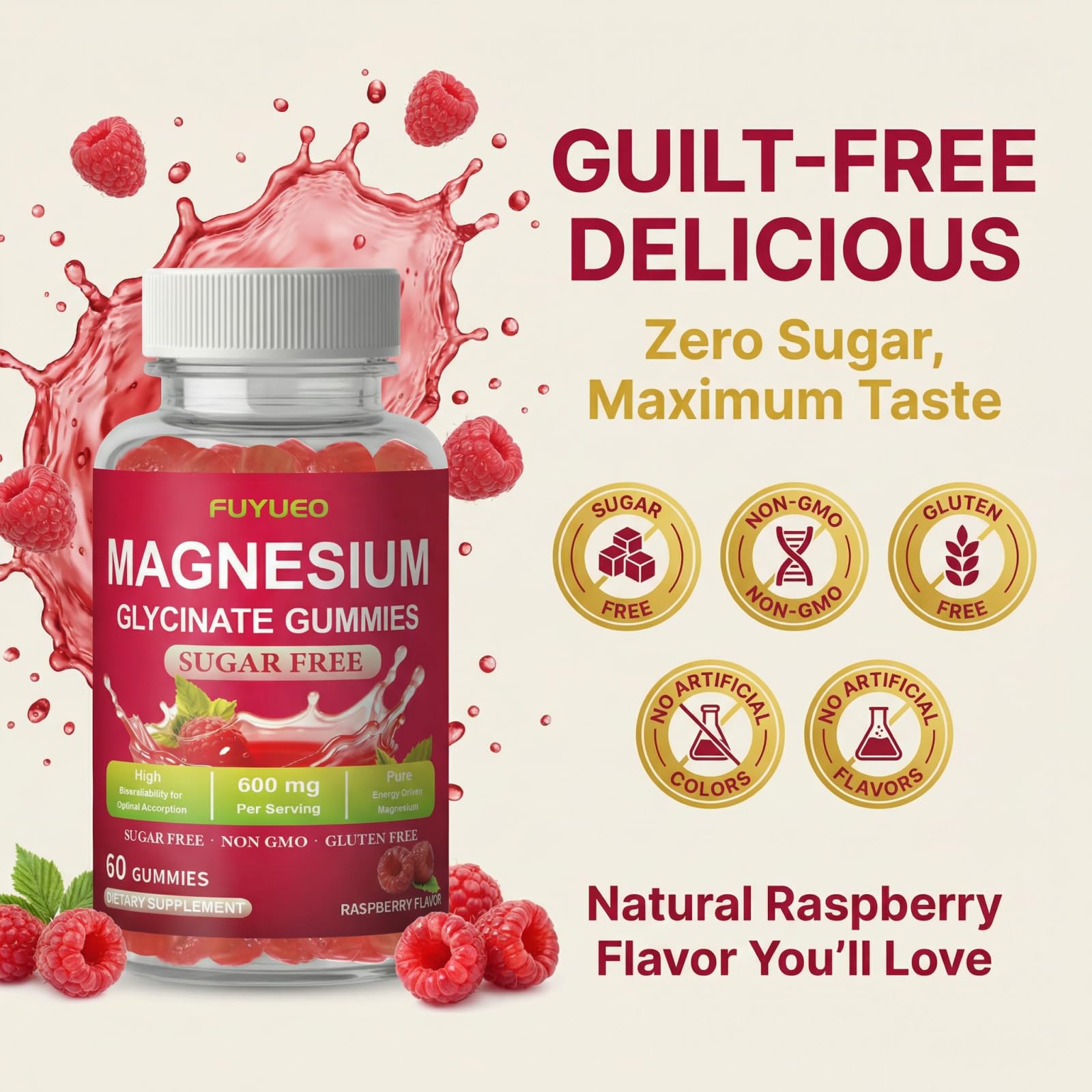 FUYUEO Magnesium Glycinate Gummies for Sleep & Relaxation, Sugar Free High Absorption Magnesium Supplement for Men & Women, Gentle on Stomach, Chewable, Raspberry, 60 Count (Pack of 1) FUYUEO Au supplements