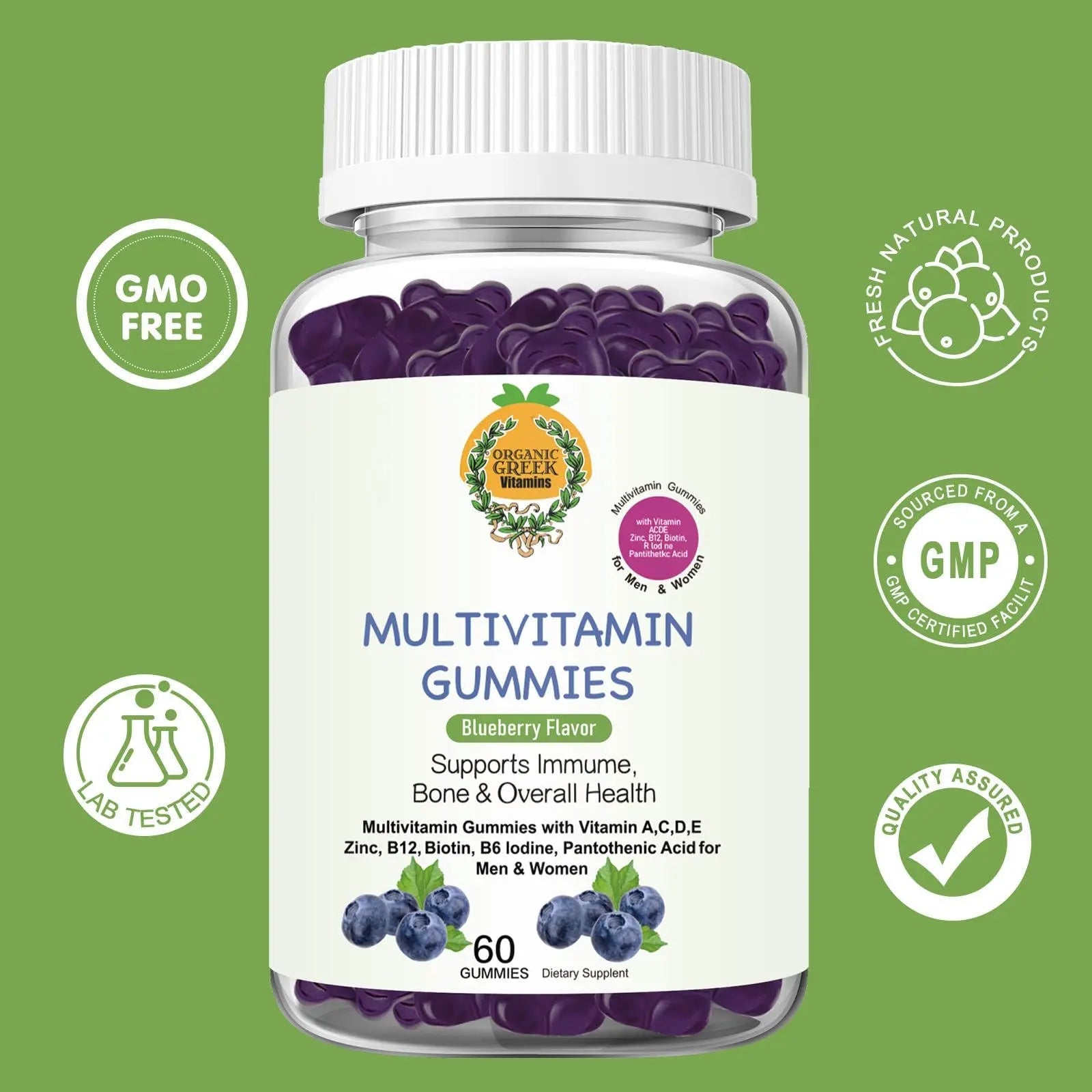 Organic Greek® Multivitamin Gummies with Vitamin A, C, D, E, Zinc, B12, Biotin, B6, Iodine, Pantothenic Acid for Men & Women Organic Greek Au supplements