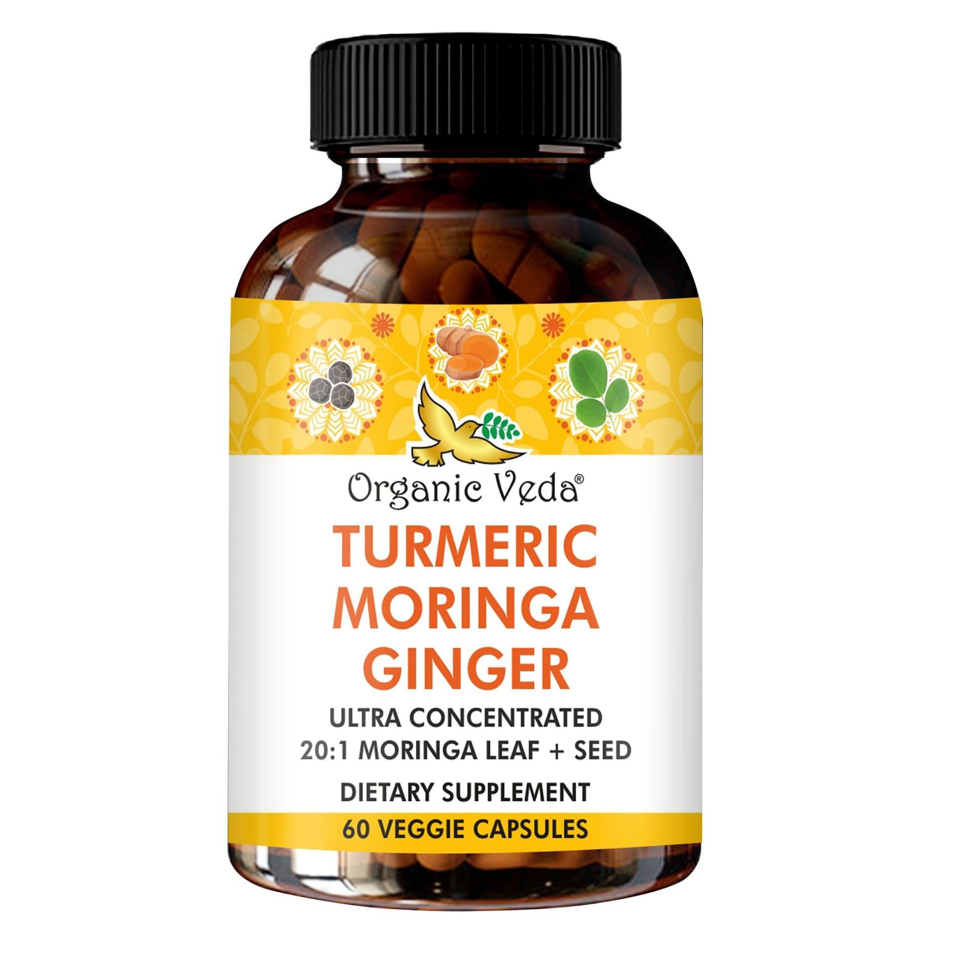 Organic Veda Turmeric Moringa Ginger Capsules - Super Antioxidants & Curcumin Supplement with 20:1 Moringa Leaf & Seed Extract, Black Pepper - Energy, Joints, Heart Health Support - 60 Vegan Pills Organic Veda Au supplements