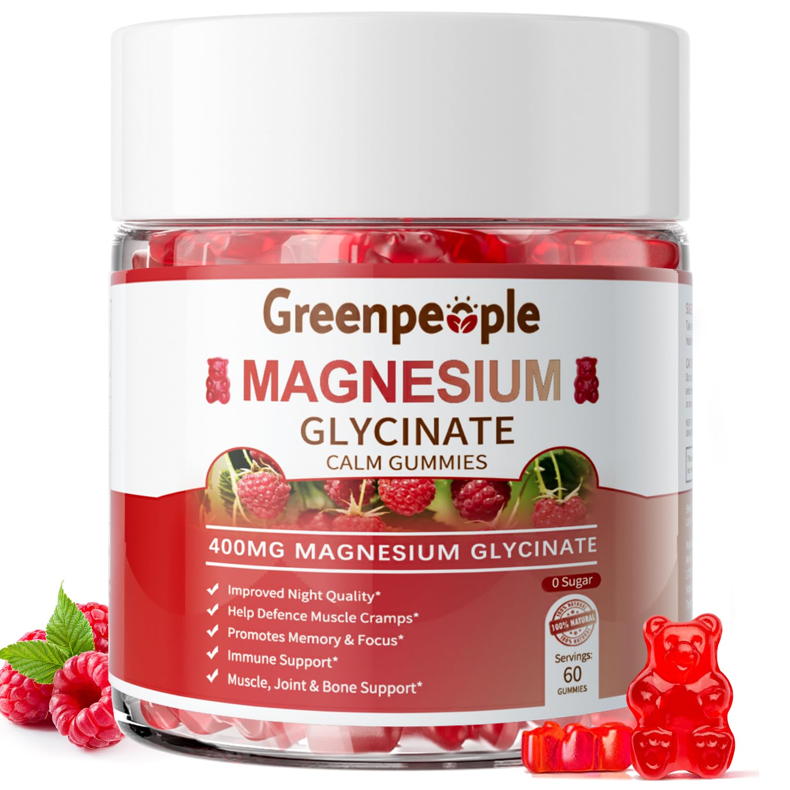 GREENPEOPLE Magnesium Glycinate Gummies 400mg - Sugar Free Magnesium Supplement with Magnesio Citrate, Vitamin D, and B6 for Calm Support & Sleep for Adults - High Absorption - Raspberry Gummies GREENPEOPLE Au supplements