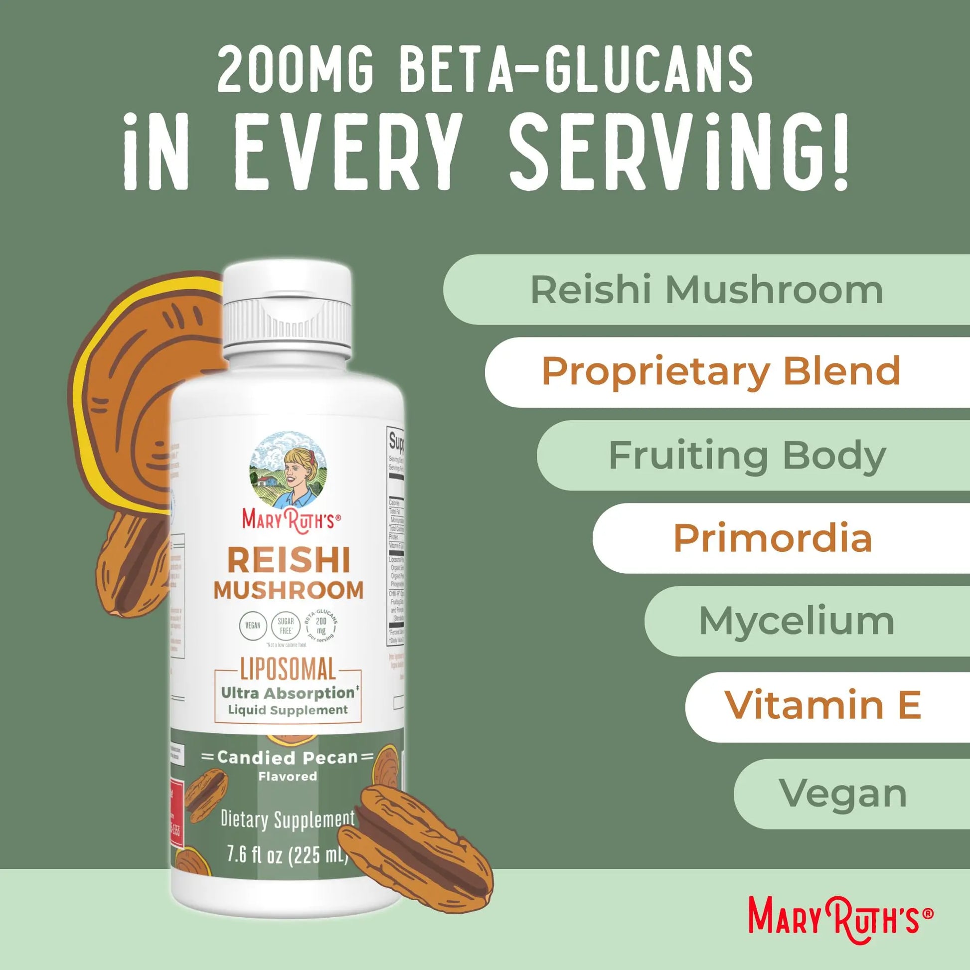 MaryRuth Organics Reishi Vegan Mushroom Supplement | Ultra Absorption Liposomal | Immune Support with 200mg Beta-Glucans, Vegan |Full Spectrum Reishi Mushrooms Fruiting Body | 7.6 oz, MARYRUTH'S Au supplements