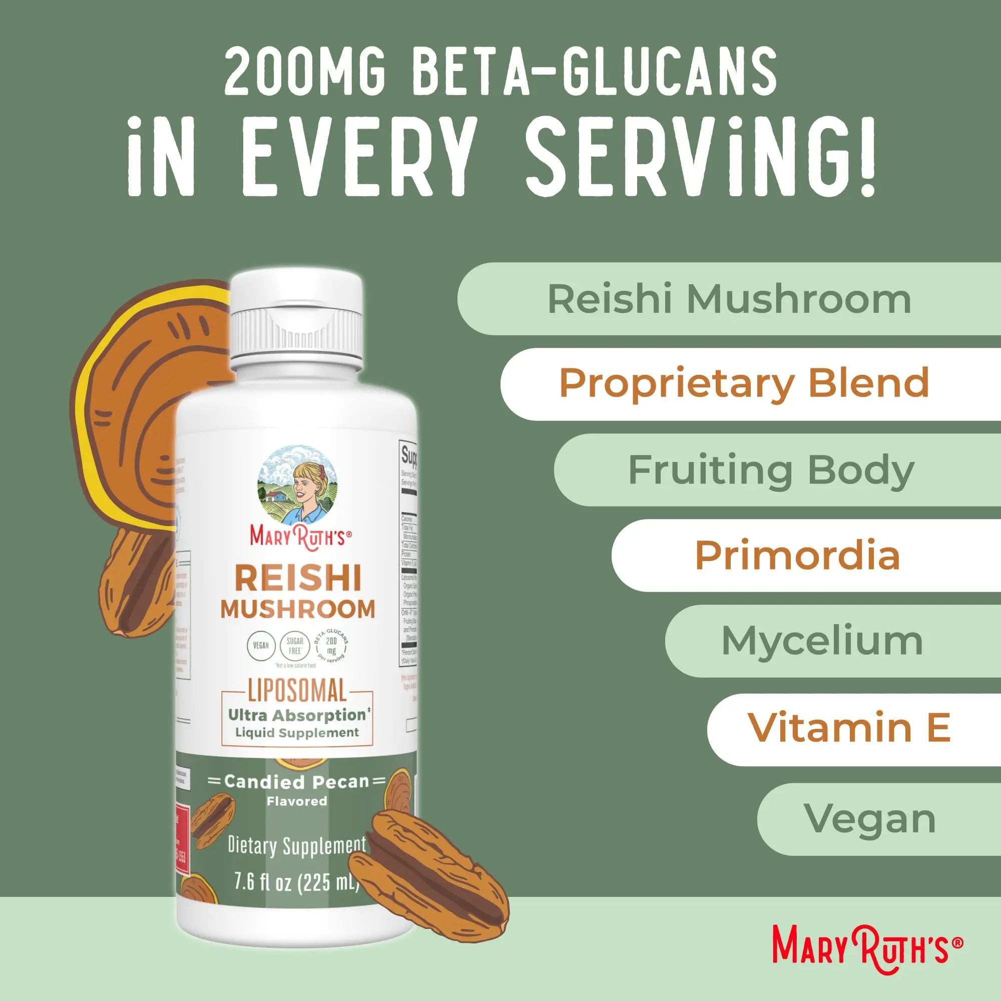 MaryRuth Organics Reishi Vegan Mushroom Supplement | Ultra Absorption Liposomal | Immune Support with 200mg Beta-Glucans, Vegan |Full Spectrum Reishi Mushrooms Fruiting Body | 7.6 oz, MARYRUTH'S Au supplements