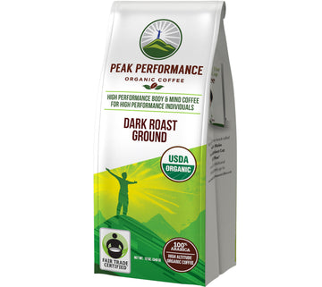 Peak Performance High Altitude Organic Coffee - Fair Trade, Low Acid, Non GMO, and Beans Full of Antioxidants - Dark Roast Smooth Tasting USDA Certified Organic Ground Coffee Bag 12 oz Peak Performance Au supplements