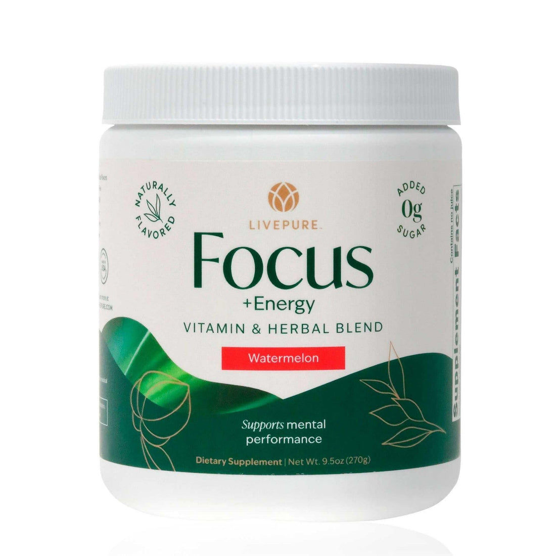 PURE Focus + Energy Tub Drink Mix | Natural Caffeine & Antioxidants from Botanicals | Supports Alertness, Clarity & Energy | Zero Sugar, No Artificial Sweeteners | 9.5 oz | Watermelon Flavor PURE Au supplements