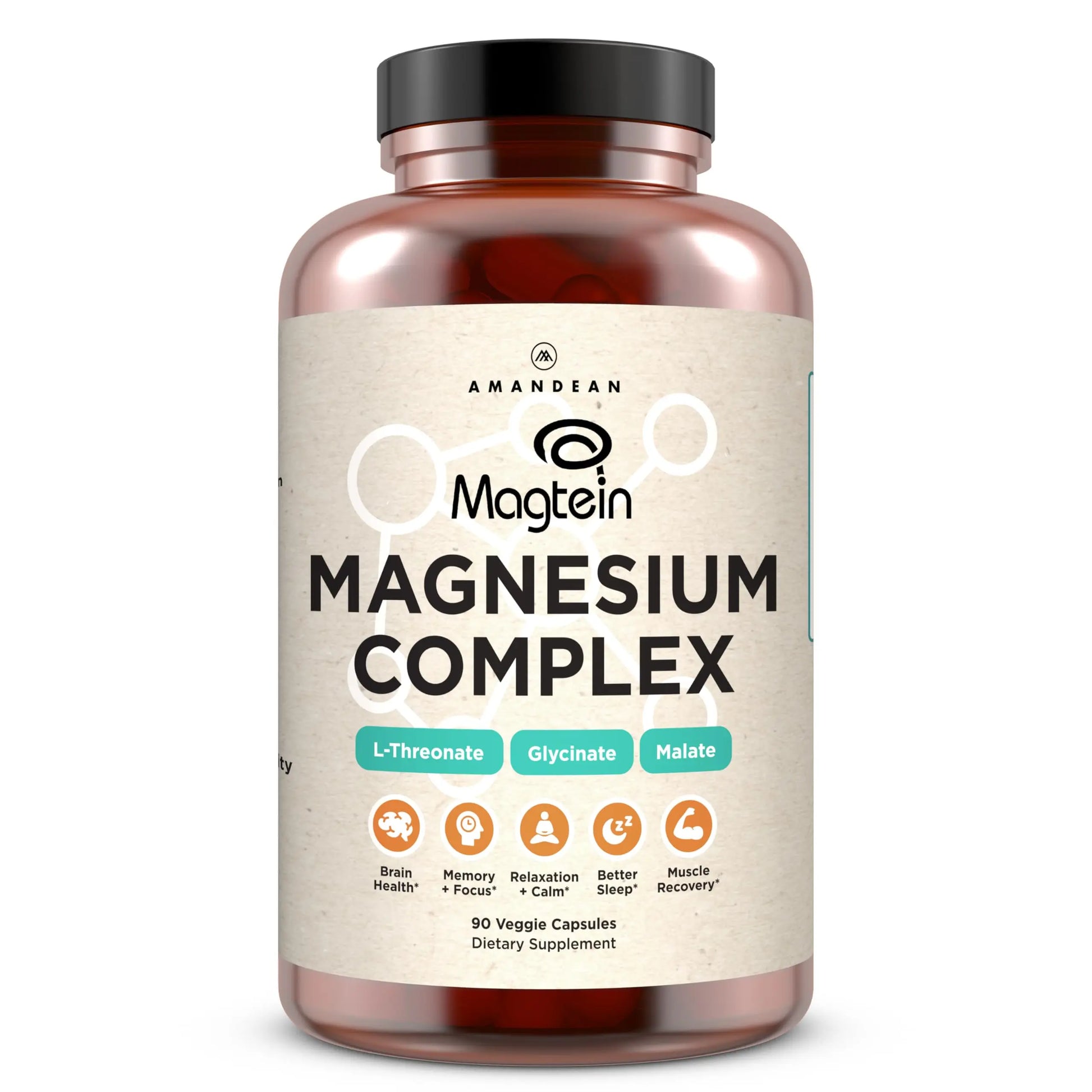 AMANDEAN Magtein Magnesium Complex. L-Threonate, Glycinate, Malate Triple Blend Chelated Magnesium Supplement. 90 Veggie Capsules. High Absorption Branded Ingredients. Brain Health, Sleep, Calm*. AMANDEAN Au supplements