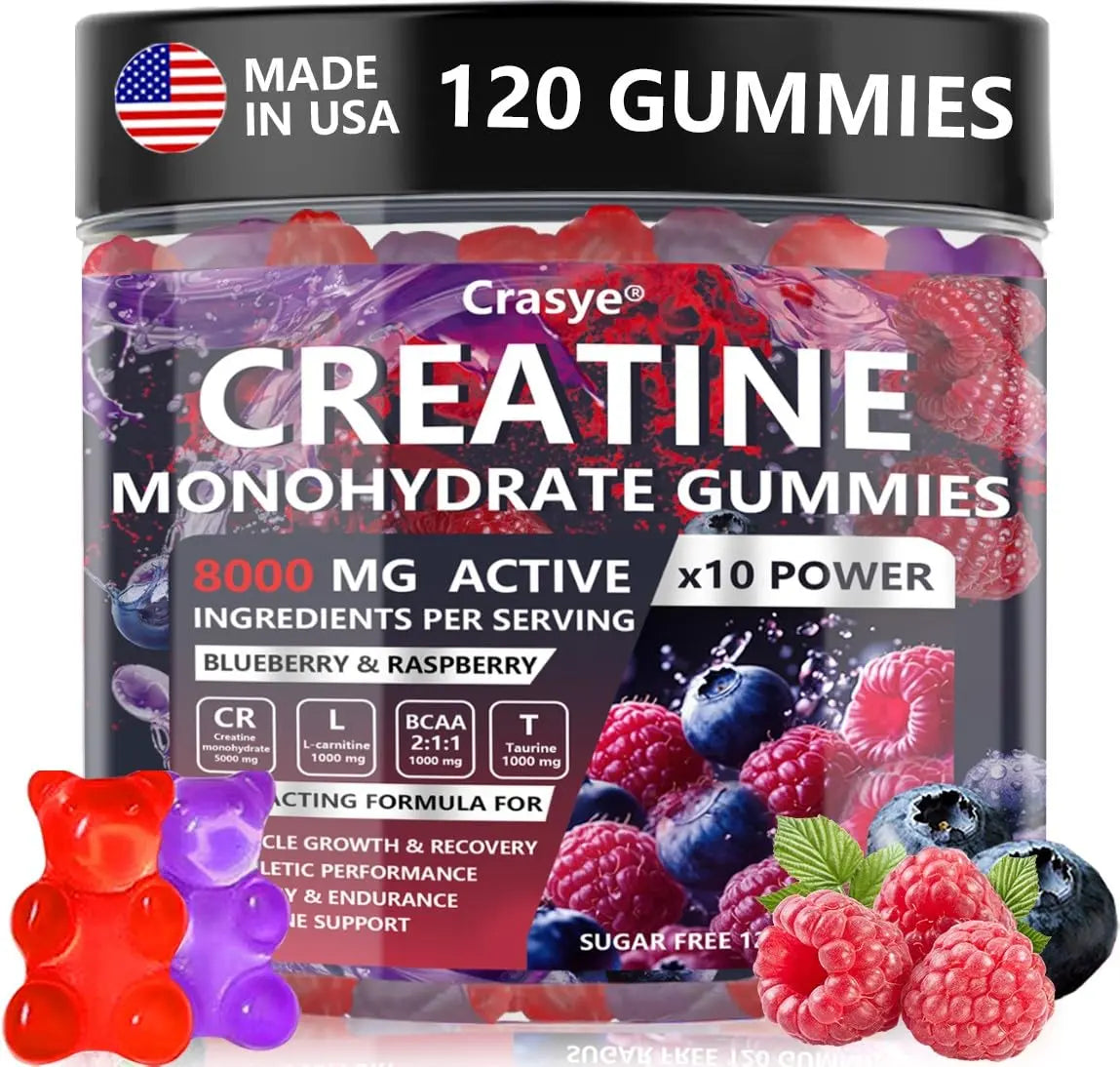 Crasye Creatine Gummies Complex 8000mg for Men and Women Creatine Monohydrate Gummy with BCAA Taurine for Muscle Strength and Energy Boost Sugar Crasye Au supplements