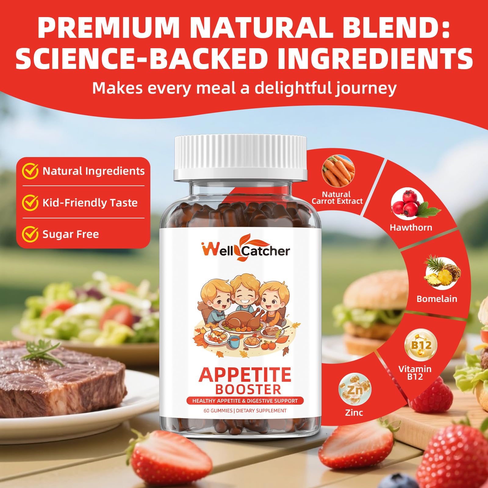 Appetite Booster Gummies for Kids Adults: Appetite Support Supplement with Bromelain Hawthorn Zinc Vitamin B12 for Healthy Digestive & Nutritional Balance, Sugar Free Mixed Fruit Flavor Vegan 30 Days Wellcatcher Au supplements