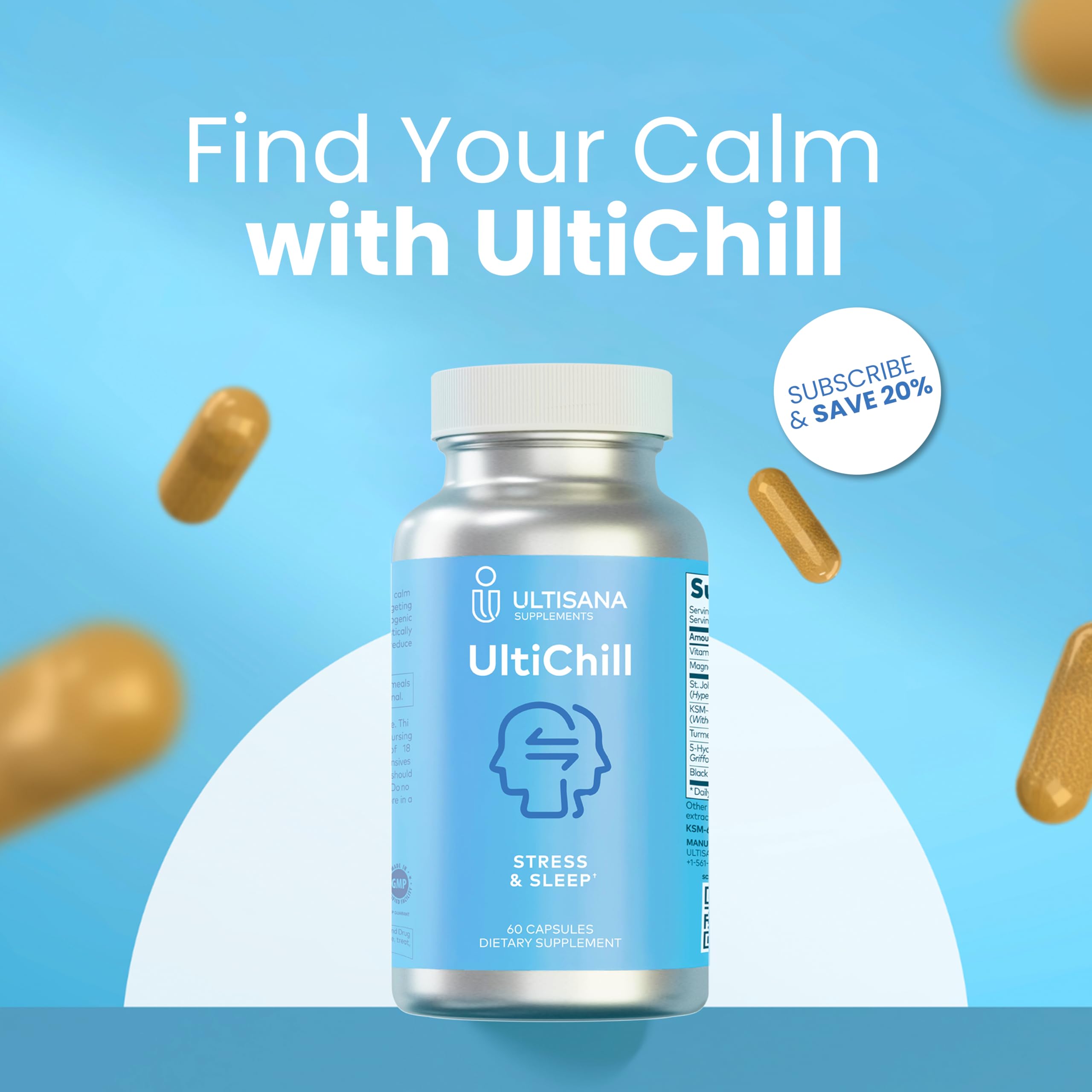 Ultisana UltiChill Stress Relief Supplement, Non-Drowsy | for Enhanced Mood, Immune Booster & Sleep Support | Magnesium Glycinate, Vitamin B6, KSM-66 Ashwagandha, Turmeric & 5-HTP | Non-GMO, 60 Count Ultisana Au supplements