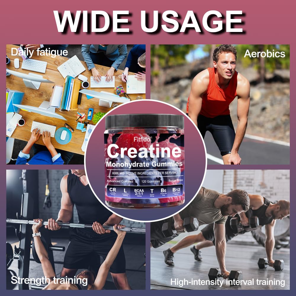Creatine Monohydrate Gummies Complex 8000mg for Men and Women, Containing L-carnitine & Taurine, Build Muscle, Boost Energy, Faster Recovery, Sugar Free & Vegan, Raspberry & Blackberry, 120 Count Fitfido Au supplements
