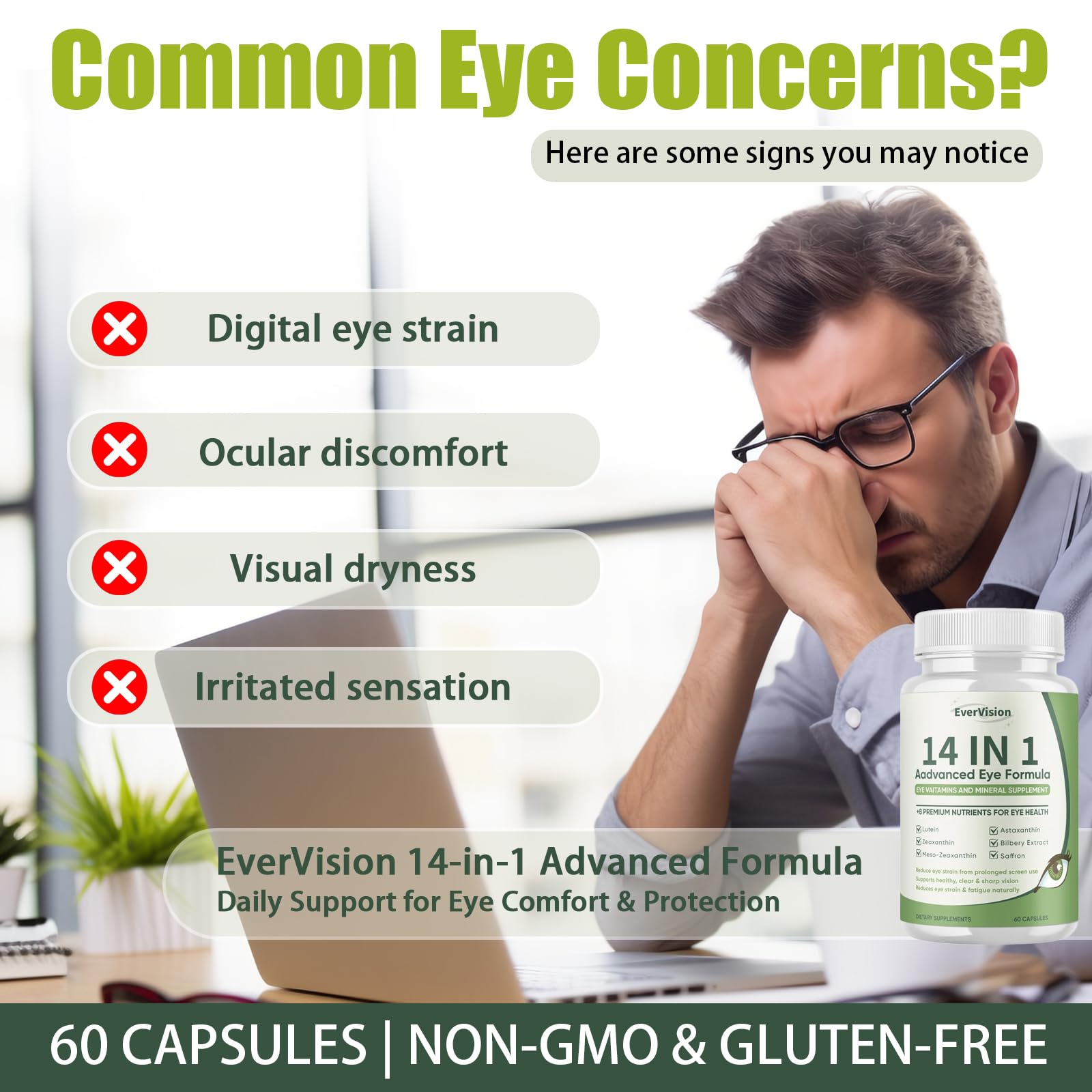 EVERVISION 14 in 1 Advanced Eye Formula, Eye Vitamin and Mineral Supplement with Zinc, Lutein, Zeaxanthin & Bilberry Extract, 60ct EVERVISION Au supplements