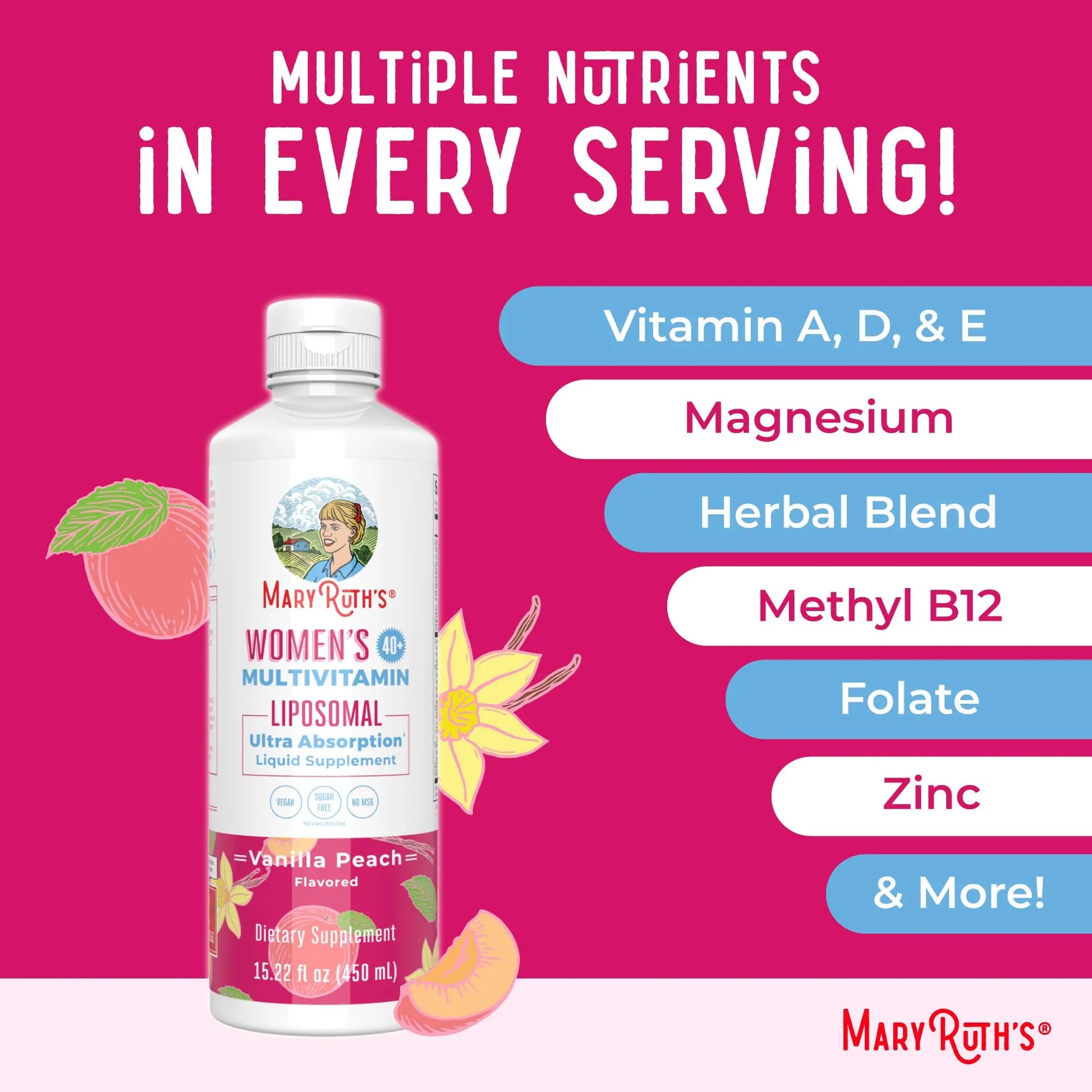 MaryRuth’s Multivitamin Liposomal for Women 40+ | Womens Multivitamin Liposomal | Immune Support Supplement | Menopause Supplement | Methylated Multivitamin | Vegan | Sugar Free | Non-GMO |15.22 Fl Oz MARYRUTH'S Au supplements