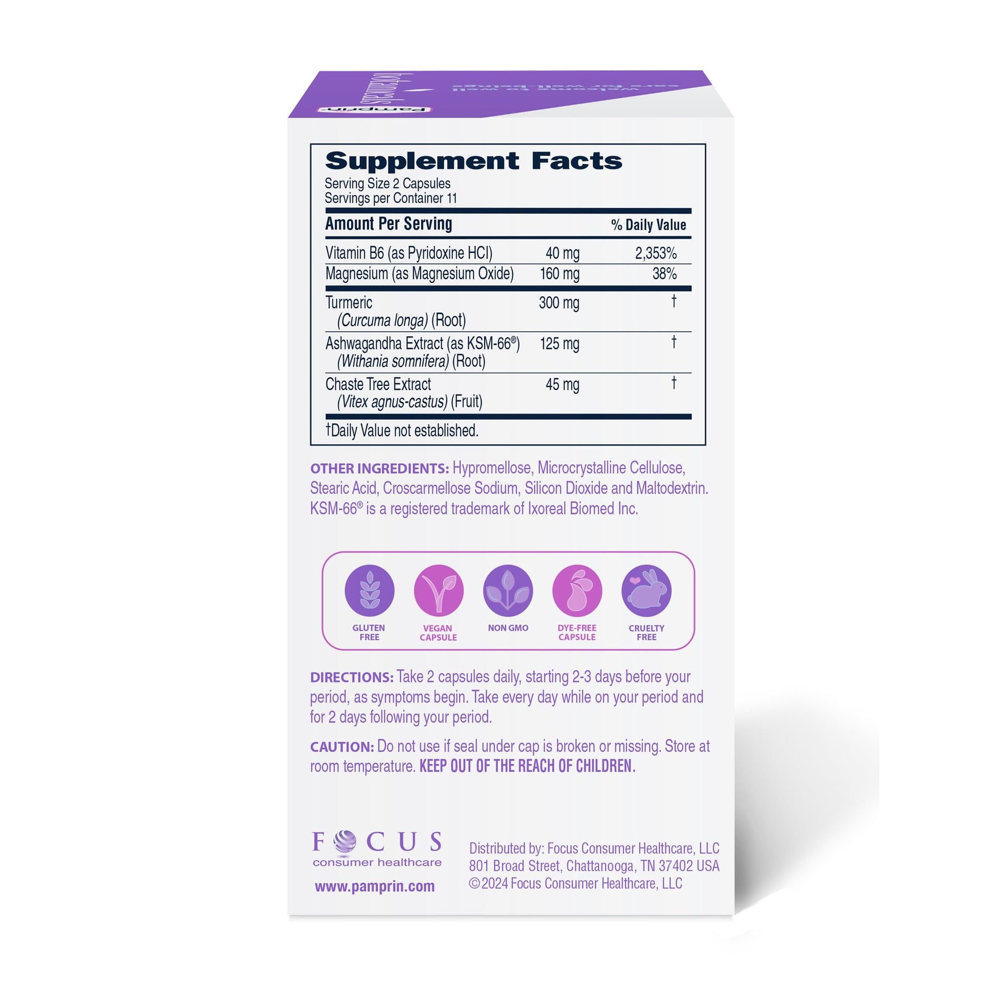 Pamprin Botanicals Supplement for PMS & Period Support, with Ashwagandha, Magnesium, Turmeric, Vitamin B6, Chasteberry, 22 Count Pamprin Au supplements
