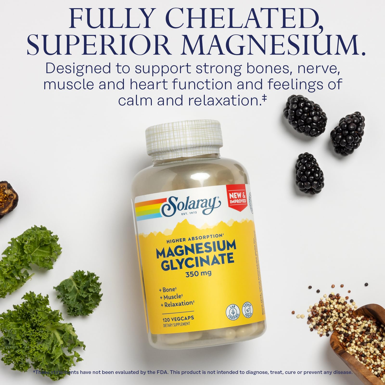 SOLARAY Magnesium Glycinate Capsules, Chelated Magnesium Bisglycinate w/BioPerine, Higher Absorption Magnesium Supplement - Bones, Muscles, Heart Support, Vegan (30 Servings, 120 VegCaps) SOLARAY Au supplements