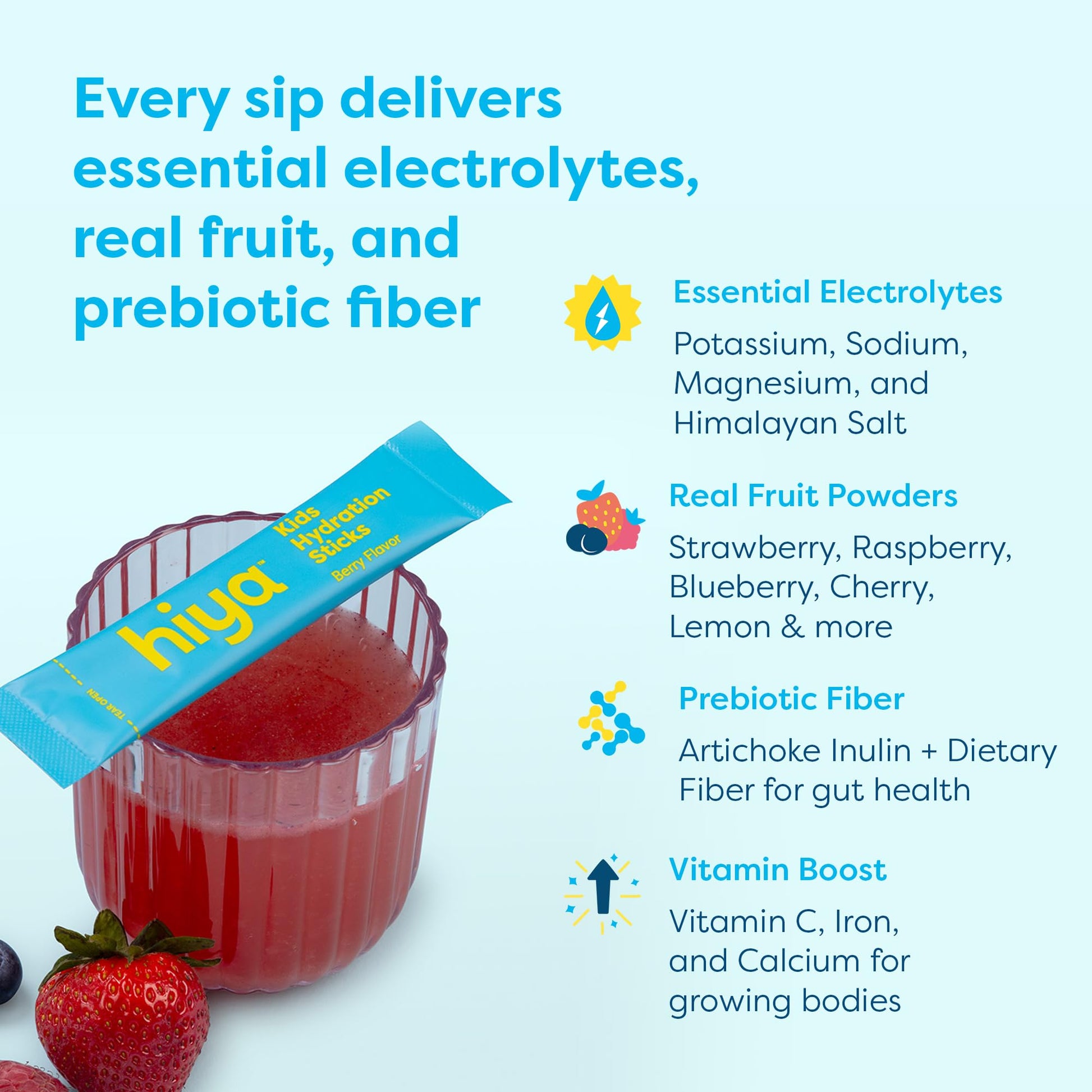 Hiya Kids Hydration with Electrolytes - Zero Added Sugar Berry Flavored Kids Hydration Packets - 15 Sticks - Travel-Friendly Drink Mix for Children Ages 2+ HIYA Au supplements