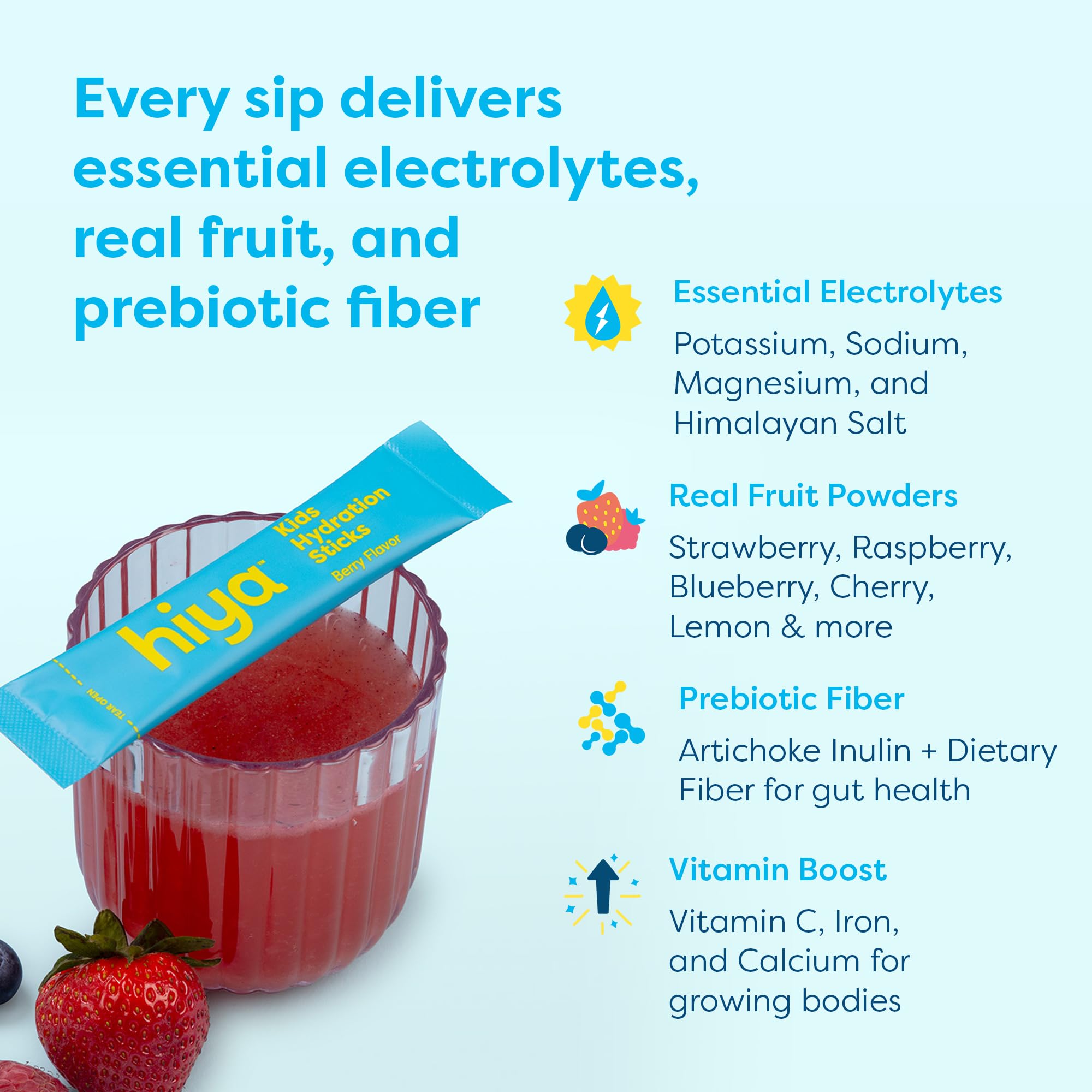 Hiya Kids Hydration with Electrolytes - Zero Added Sugar Berry Flavored Kids Hydration Packets - 15 Sticks - Travel-Friendly Drink Mix for Children Ages 2+ HIYA Au supplements
