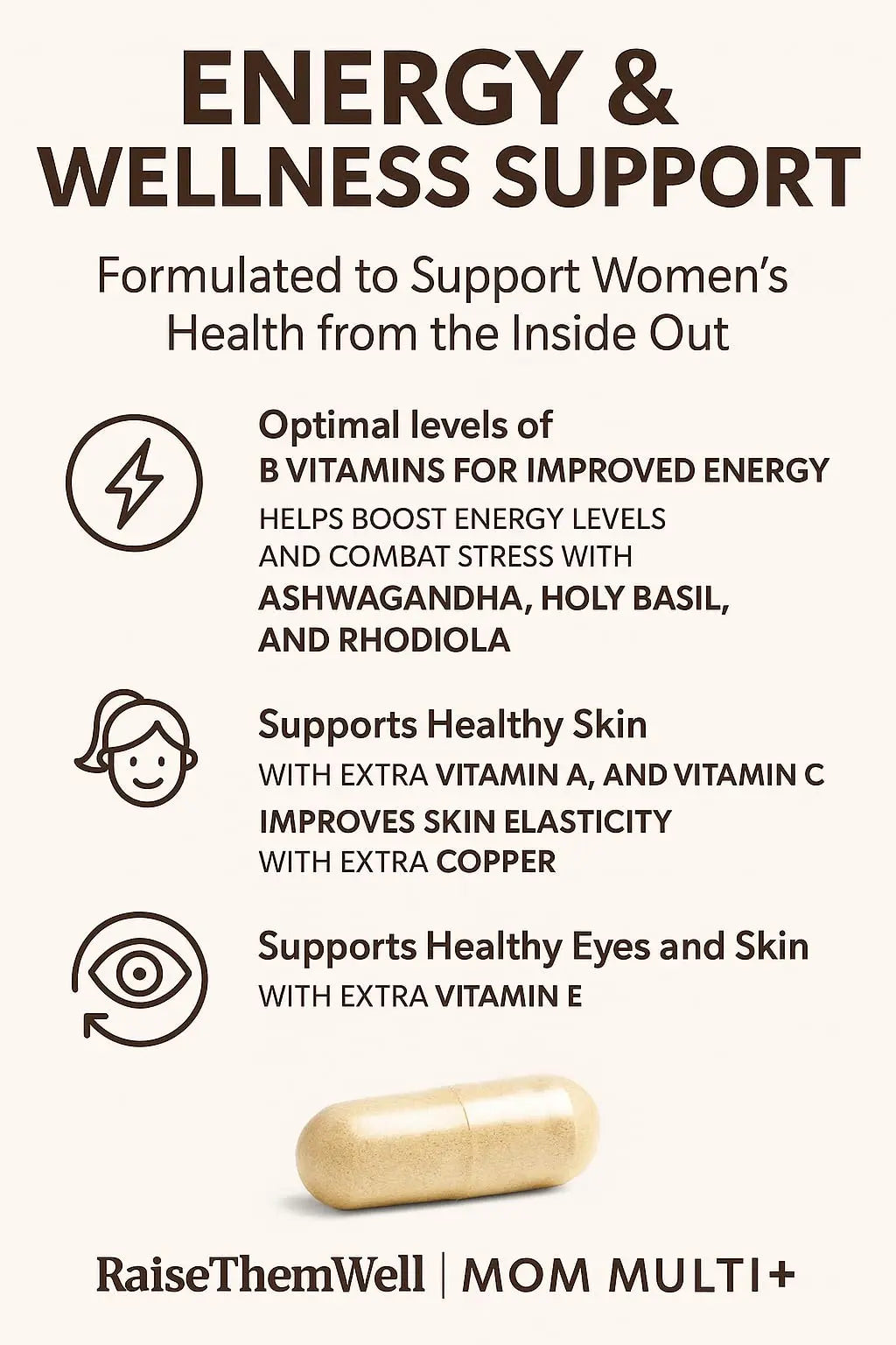 Raise Them Well Mom Multi+ Daily Multivitamin for Women with Active Folate, Adaptogens & Bacopa, Energy, Stress & Cognitive Support, 120 Veggie Capsules Raise Them Well Au supplements