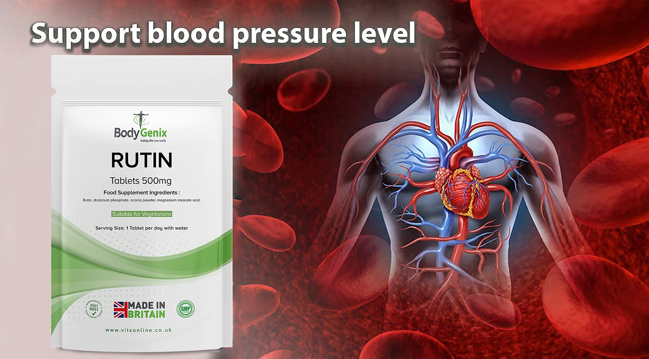 Bodygenix Rutin 500mg Tablets CAPILLARIES, VARICOSE Veins, Hemorrhoids Veg Friendly - UK Made (120) 4 Month Supply Bodygenix Au supplements