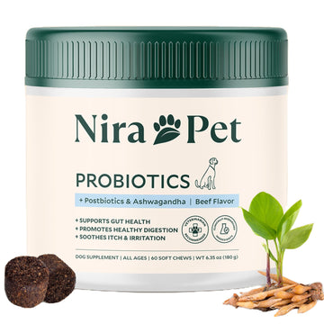 Nira Pet Probiotics for Dogs – 60 Beef-Flavored Chews with Postbiotics, Colostrum, Ashwagandha & Lactobacillus – Supports Gut Health, Immunity, Diarrhea, Gas & Stress Nira Pet Au supplements