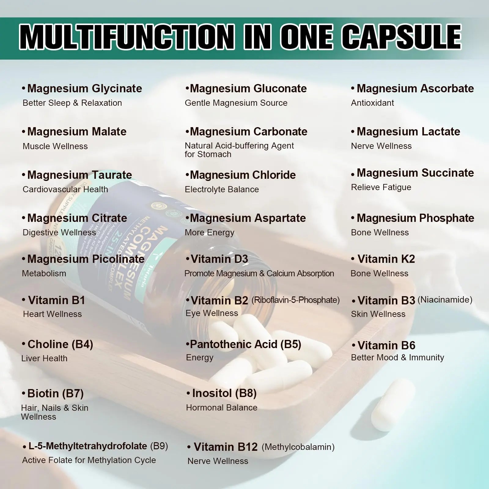 25-in-1 Magnesium Complex with Methylated B Complex Magnesium Glycinate Citrate Malate Taurate Gluconate Aspartate Carbonate D3 K2, Magnesium Supplement for Relaxation Energy & Nerve, 120 Vegan Caps Totaria Au supplements
