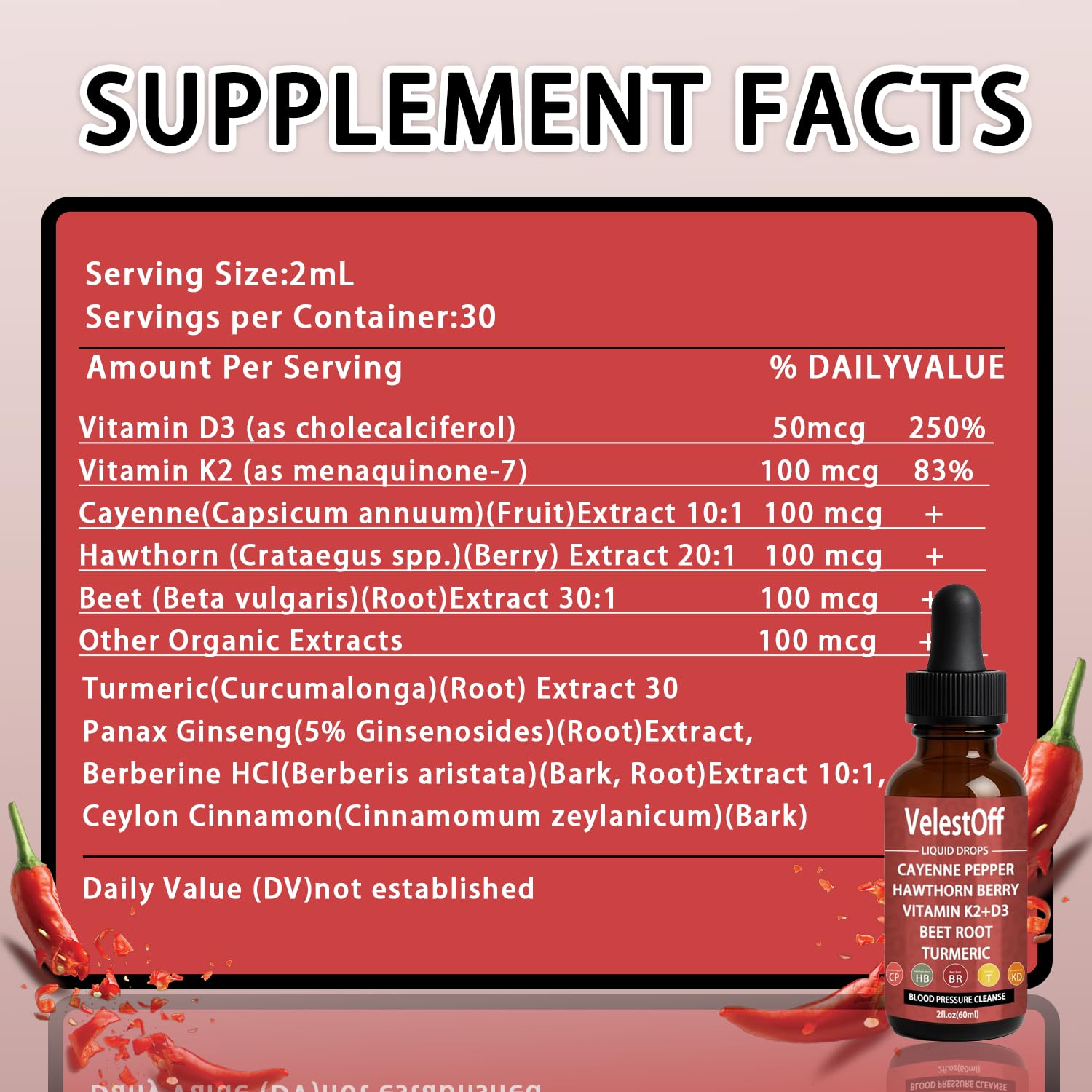 Velestoff Cayenne Pepper & Cayenne Pepper Drops Liquid Supplement with Hawthorn, Beet Root, Turmeric, Vitamin K2 D3 Nutralis Au supplements