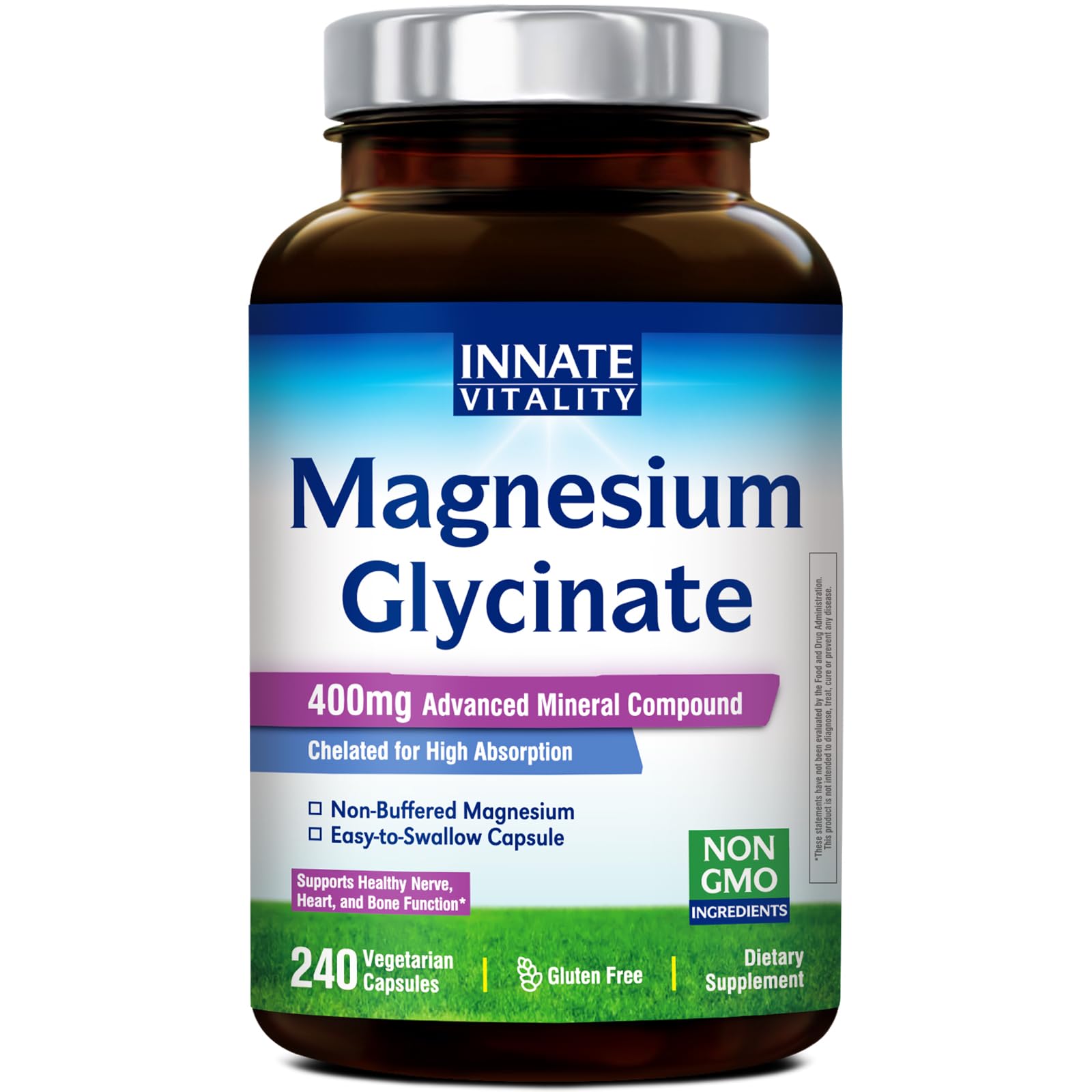 Innate Vitality Magnesium Glycinate 400mg, Non Buffered & High Absorption Magnesium Supplement for Sleep, Relaxation, Heart & Bone Health for Men & Women, Non-GMO, No Gluten, 240 Vegan Capsules Innate Vitality Au supplements