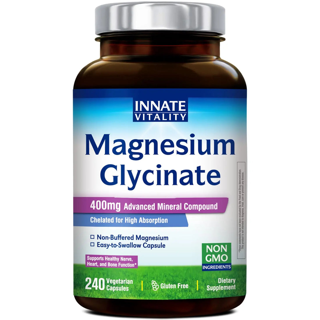 Innate Vitality Magnesium Glycinate 400mg, Non Buffered & High Absorption Magnesium Supplement for Sleep, Relaxation, Heart & Bone Health for Men & Women, Non-GMO, No Gluten, 240 Vegan Capsules Innate Vitality uk supplements