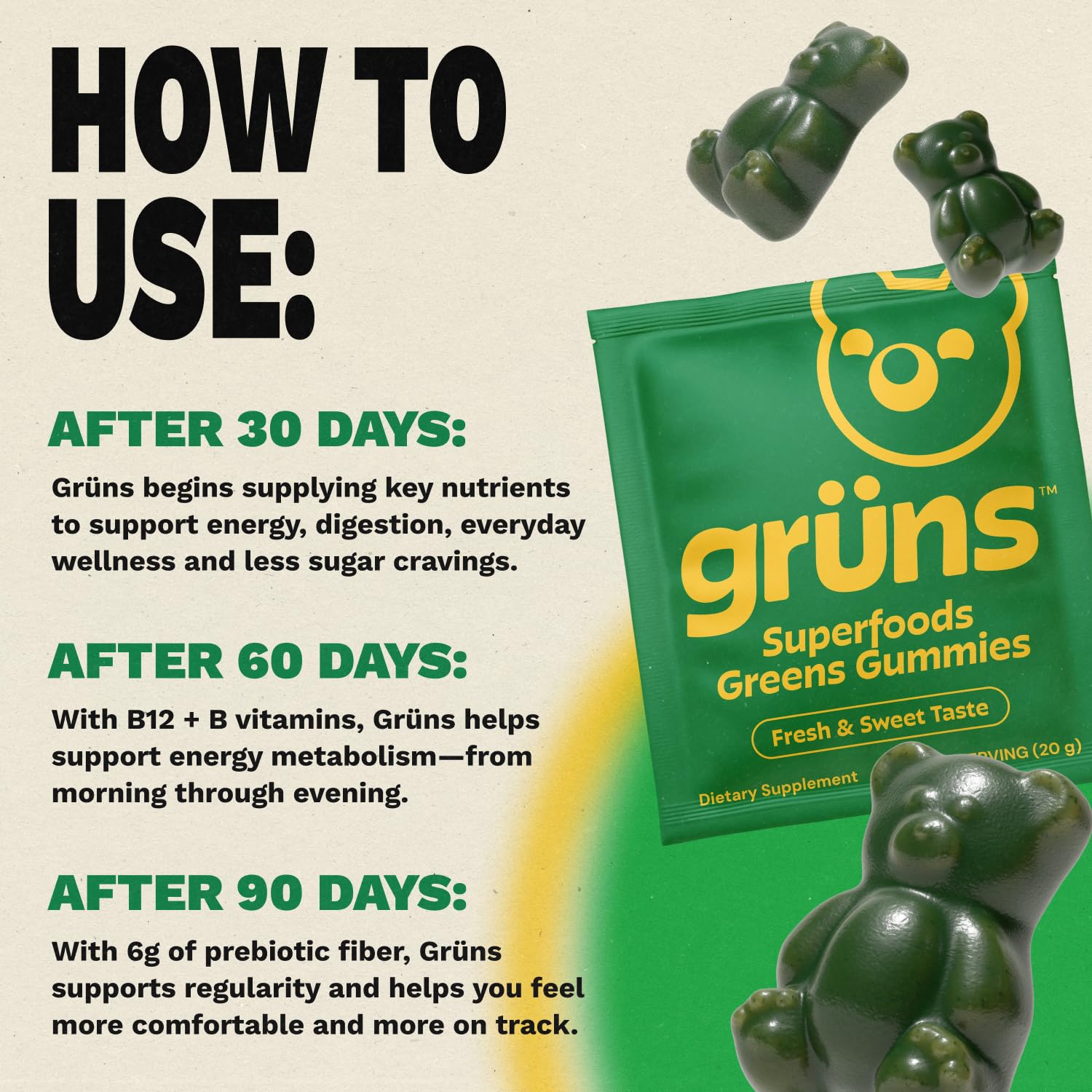 Gruns Sugar-Free Super Greens Gummies, Multivitamin Superfood Gummy Bears, Spirulina, Chlorella, Prebiotics & Fiber gummies for Digestive Health, Adaptogens Supplement, 20 Vitamins & Minerals, 10 pack Grüns Au supplements