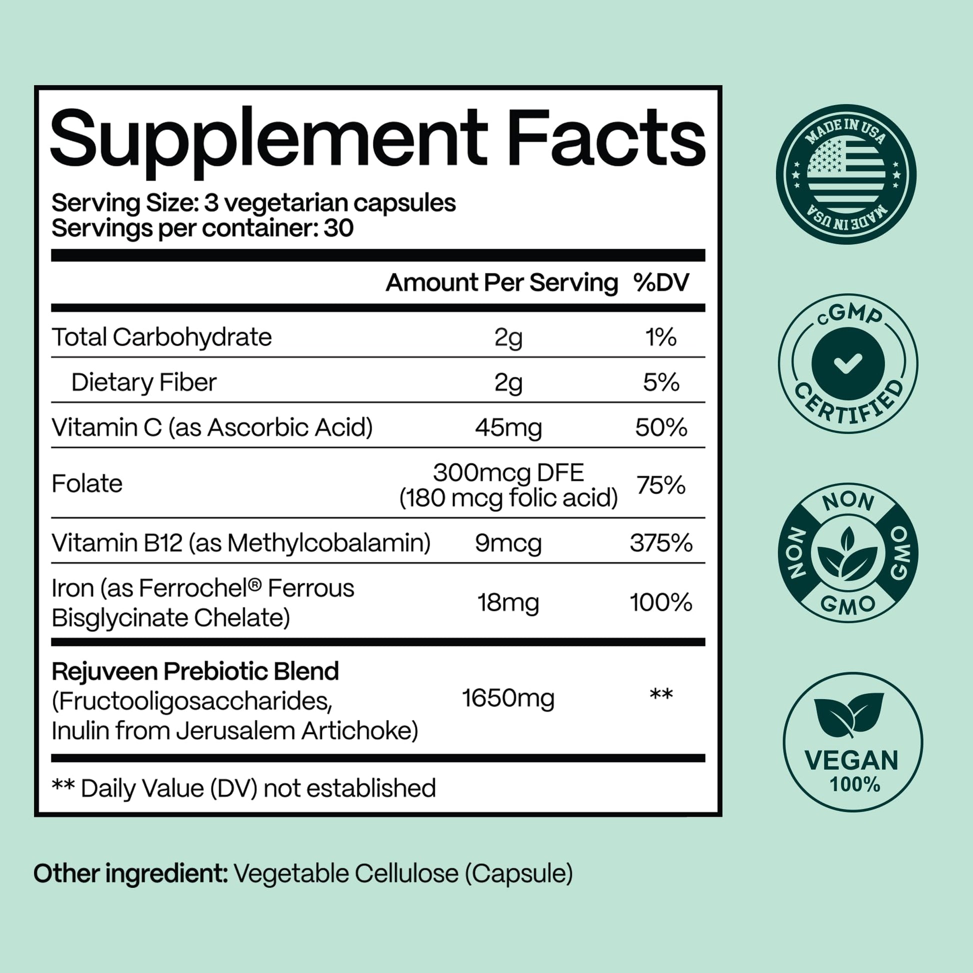 Rejuveen Previtalean | Prebiotic Fiber Supplement for Women | Supports Gut Health & Red Blood Cell Production | Contains Highly Bioavailable Iron, Folate & Vitamin B12 | 90 Ct, 30 Servings Rejuveen Au supplements