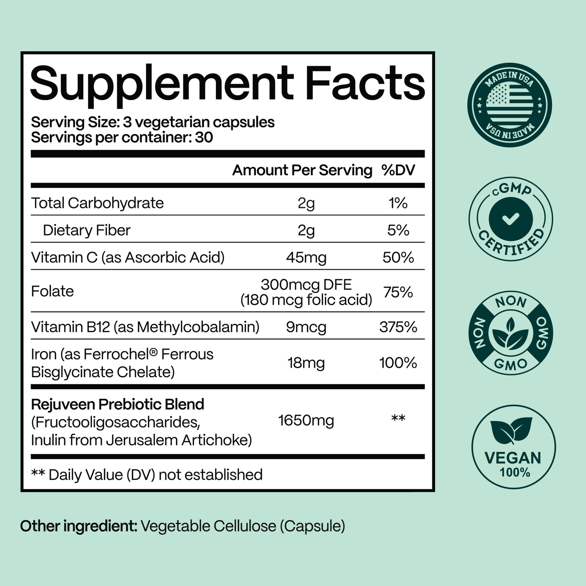 Rejuveen Previtalean | Prebiotic Fiber Supplement for Women | Supports Gut Health & Red Blood Cell Production | Contains Highly Bioavailable Iron, Folate & Vitamin B12 | 90 Ct, 30 Servings Rejuveen Au supplements